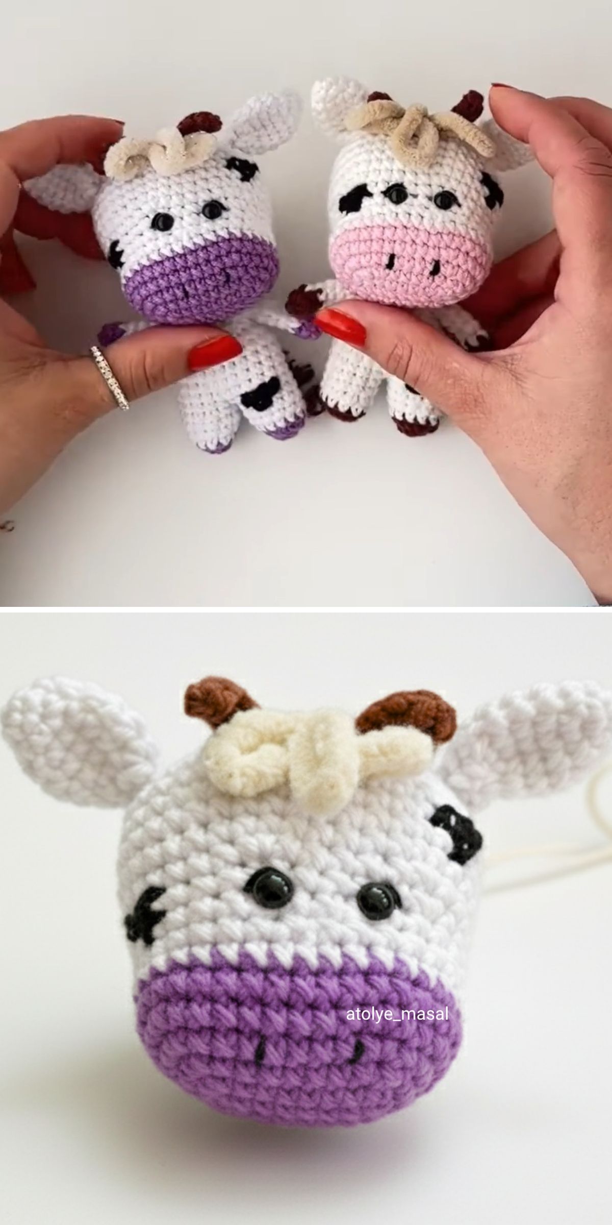 Two images feature crochet cow dolls with white bodies, purple muzzles, and brown horns. The top photo shows two crochet cows held in hands; the bottom image offers a close-up of one cow's head.