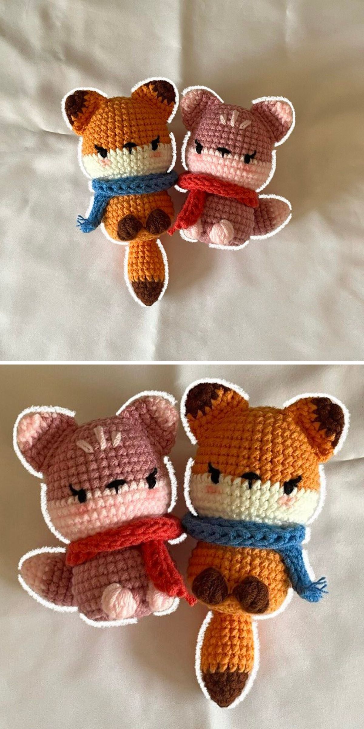 Two crochet fox plushies, one orange with a blue scarf and one pink with a red scarf, are placed side by side on a white surface.