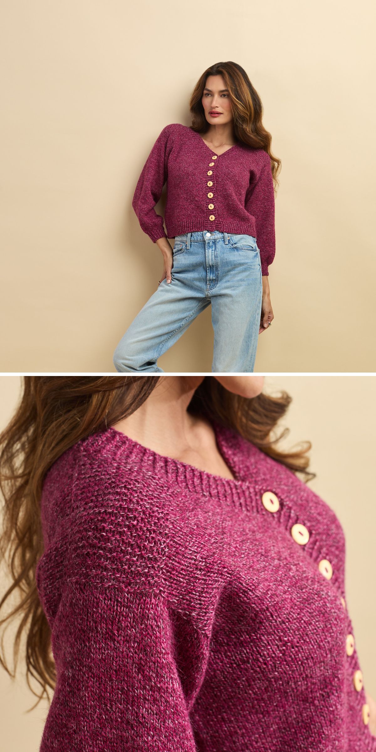 A woman wears a purple knit cardigan with five large cream buttons, paired with light blue jeans. The close-up highlights the texture and buttons—perfect inspiration for anyone searching for free knitting patterns for cardigans.