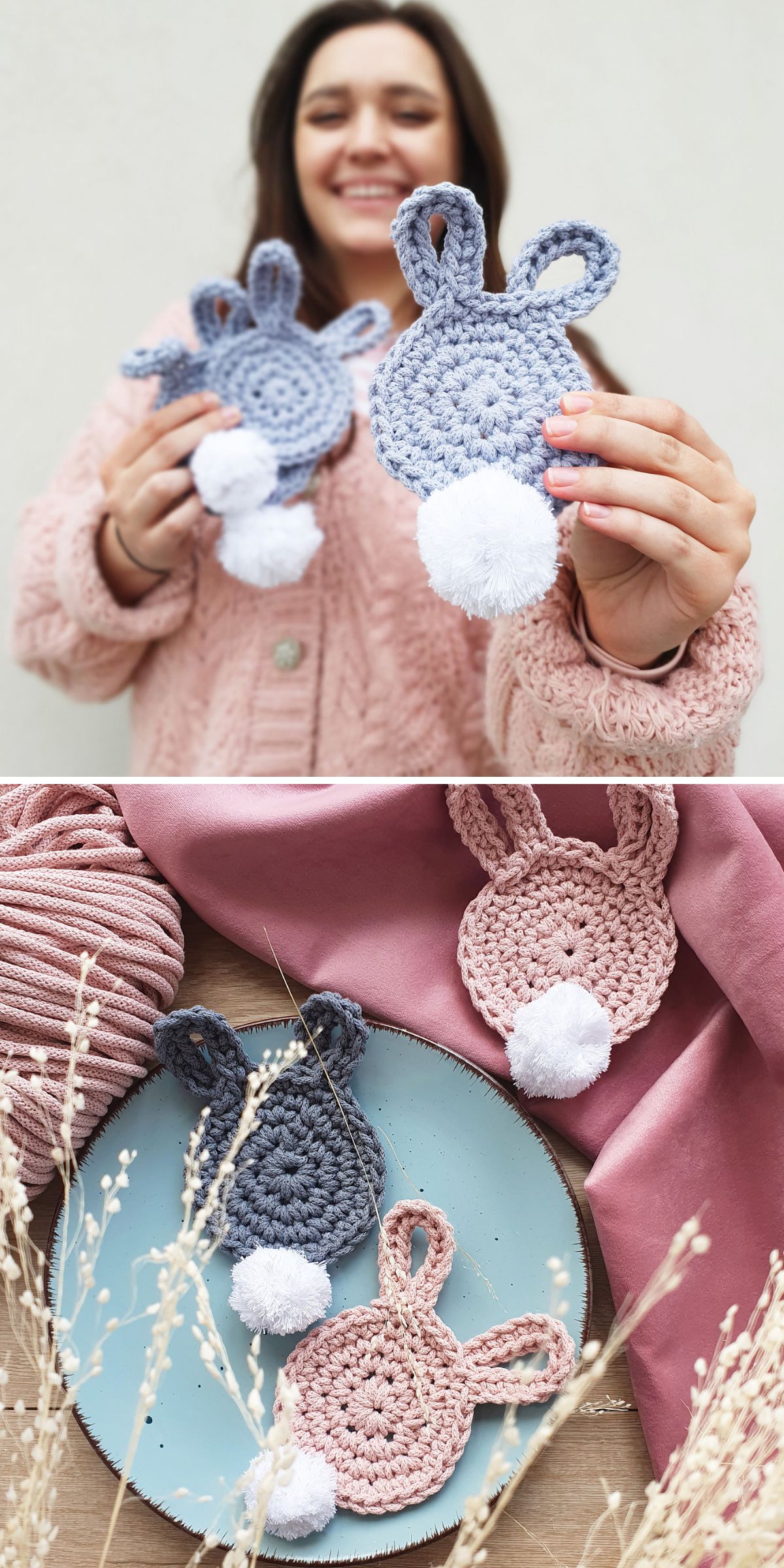 A woman holds two crocheted bunny-shaped coasters; below, three crochet Easter decorations with pom-pom tails are displayed on a plate and pink fabric.