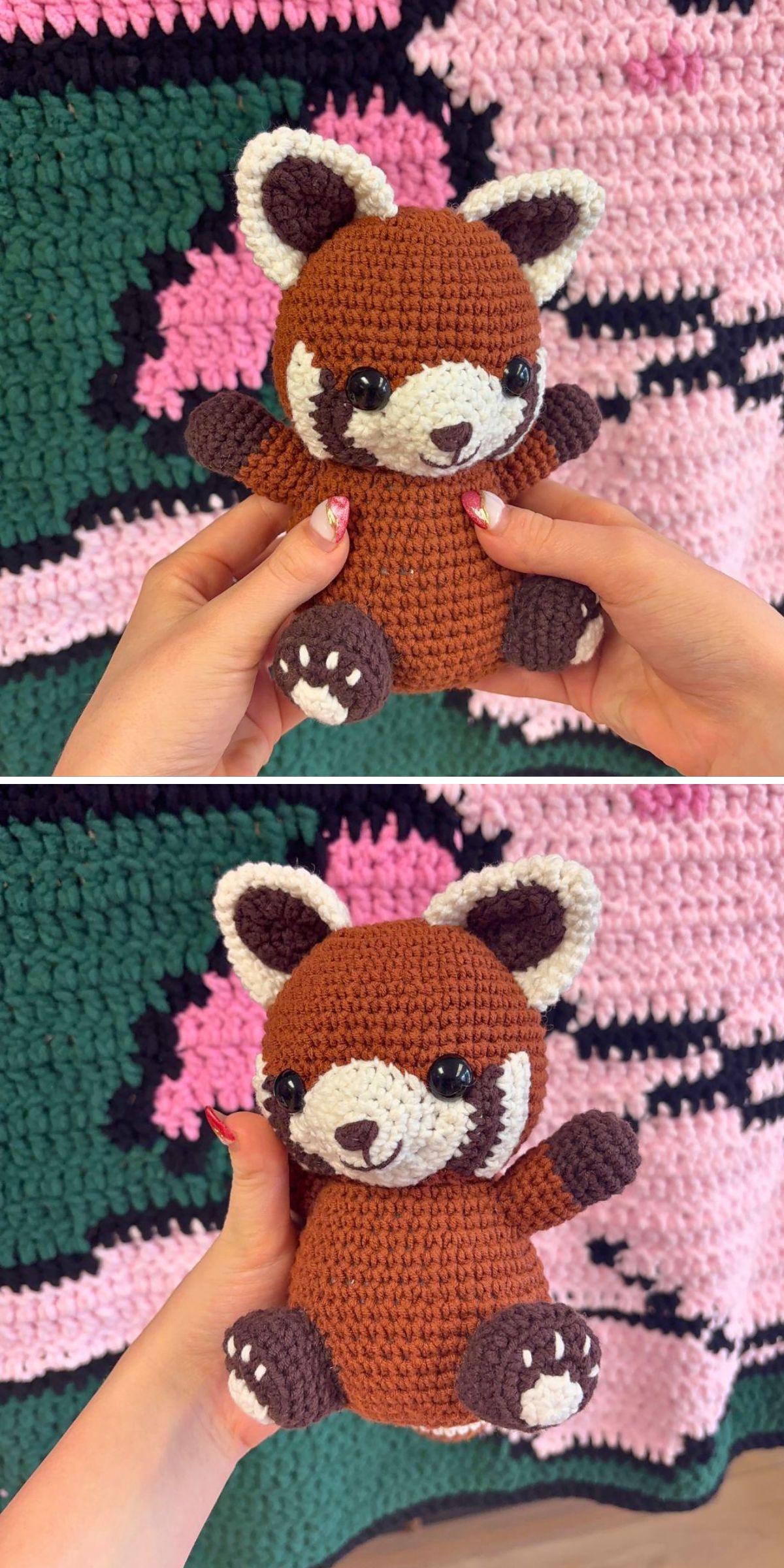 Two hands hold a charming crochet panda plush toy in front of a pink and green crocheted blanket with a floral pattern.