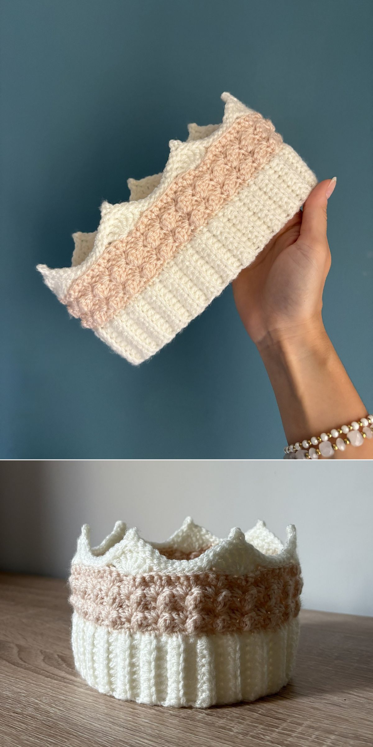 A hand holds a crocheted, crown-shaped headband with white and pale pink sections; in the second image, the ear warmer rests on a wooden surface.