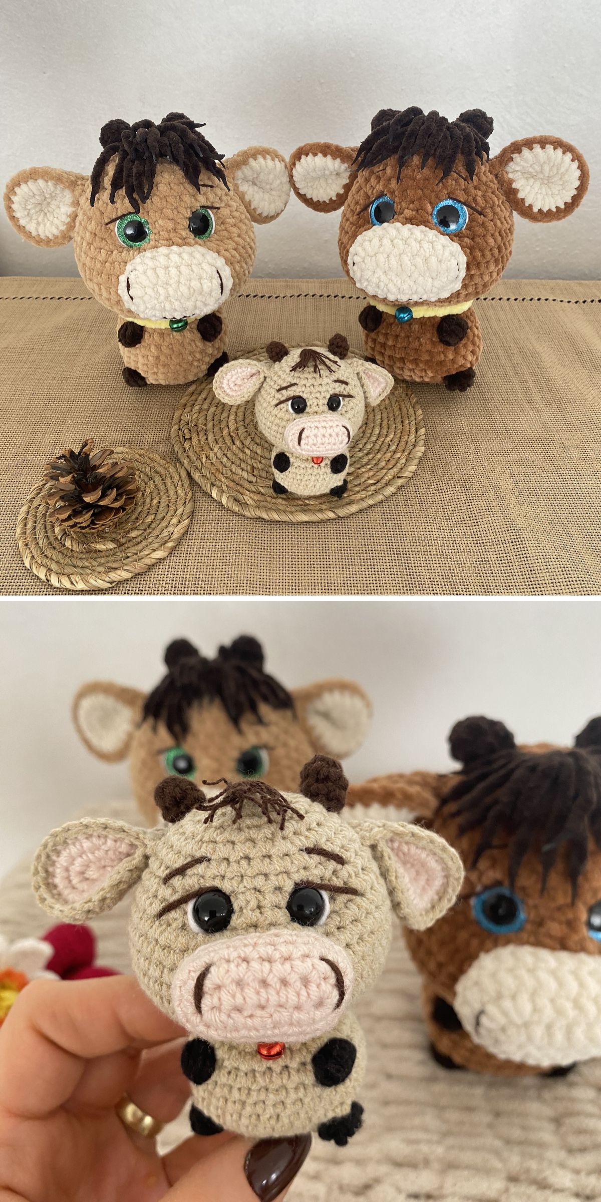 Two photos feature three crochet cow toys with large eyes and varying shades of brown, arranged on a beige surface alongside a small pinecone and woven coasters.