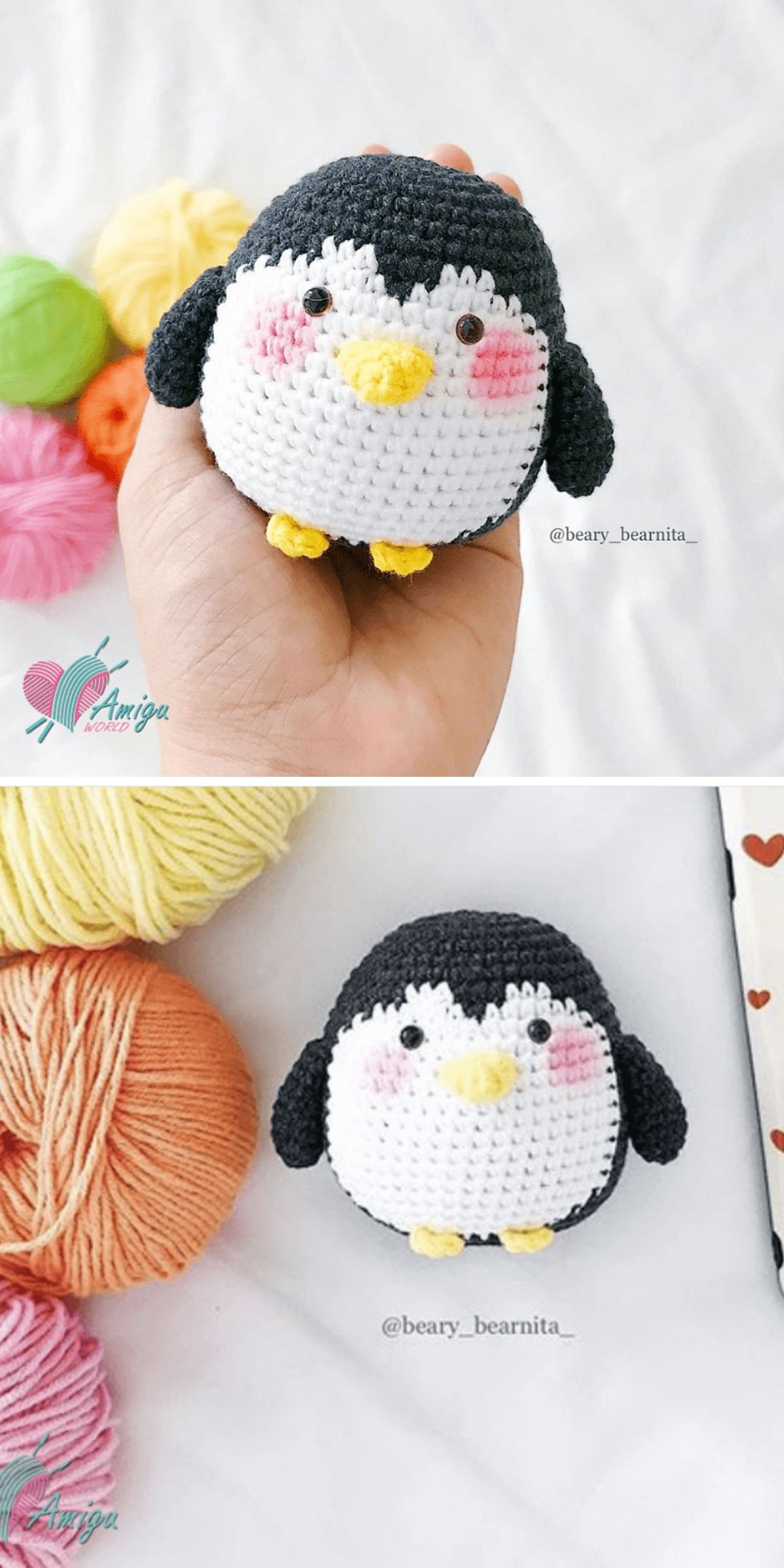 A charming Crochet Penguin with pink cheeks is shown being held in a hand and placed on a surface beside colorful yarn balls.