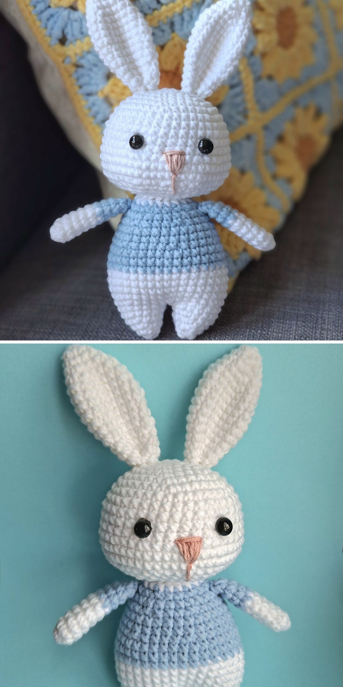 Two photos of a crochet bunny in white and light blue, featuring large ears, black button eyes, and a tiny pink nose. The top background shows a couch with a floral pillow; the bottom one is set against a blue wall.