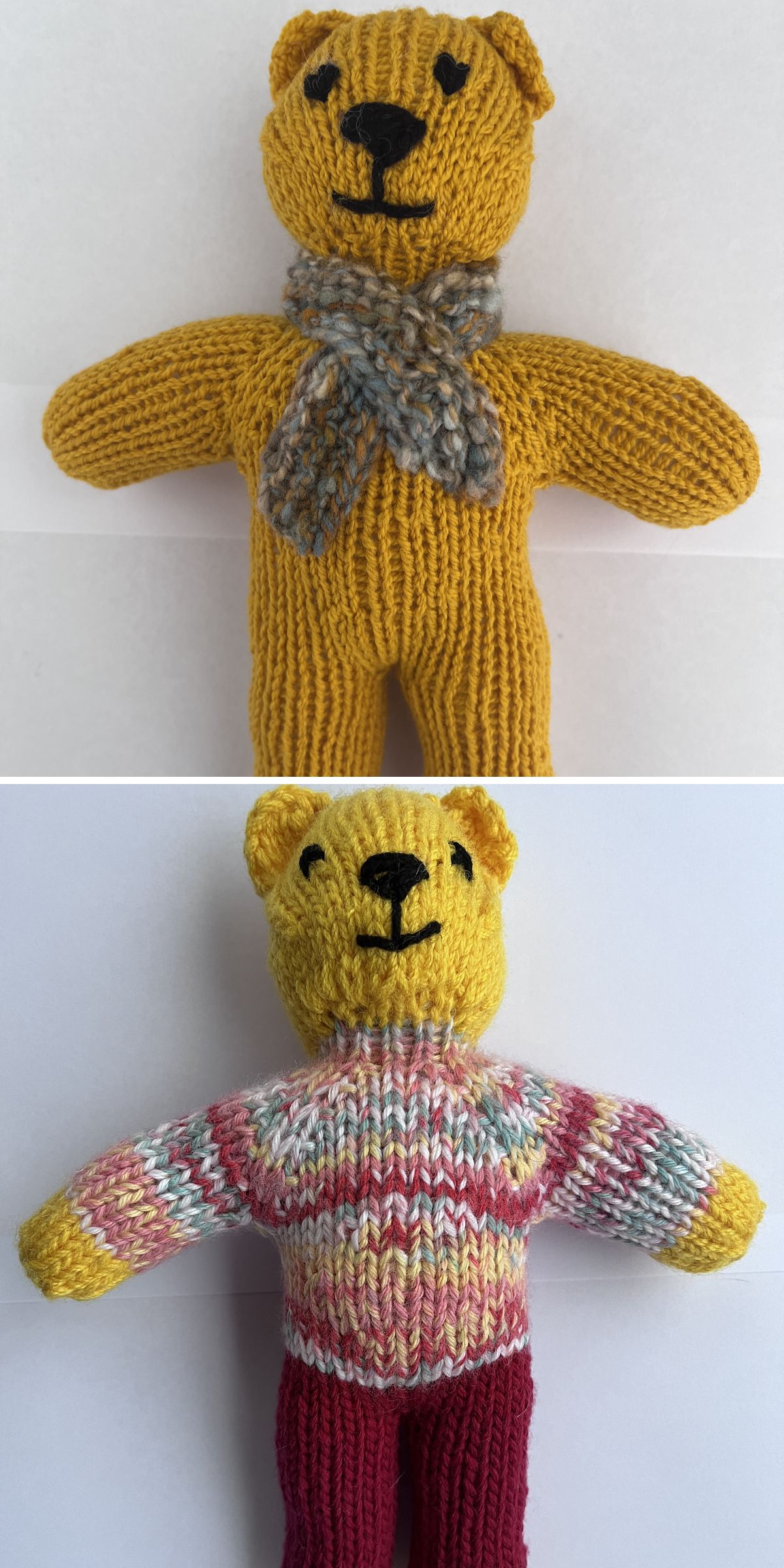 Two knitted toy teddy bears: the top one wears a gray scarf, while the bottom one sports a multicolored sweater and red pants. Both are displayed against a plain background.
