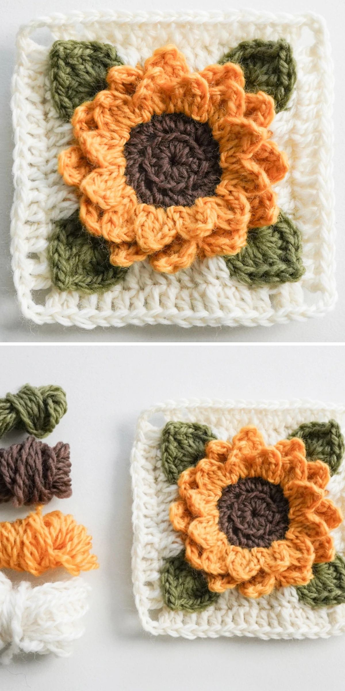 A crochet sunflower granny square featuring yellow petals, a brown center, green leaves, and a white border is displayed beside yarn in matching colors.