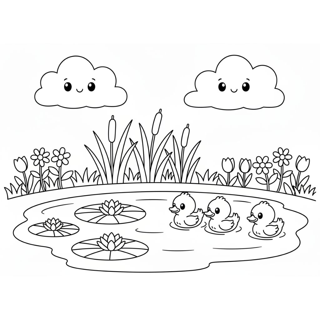 Three ducklings swim in a pond with lily pads, surrounded by flowers and tall grass, under two clouds with smiling faces. This Spring coloring page is a fun printable for kids — download the free PDF and start coloring today!.