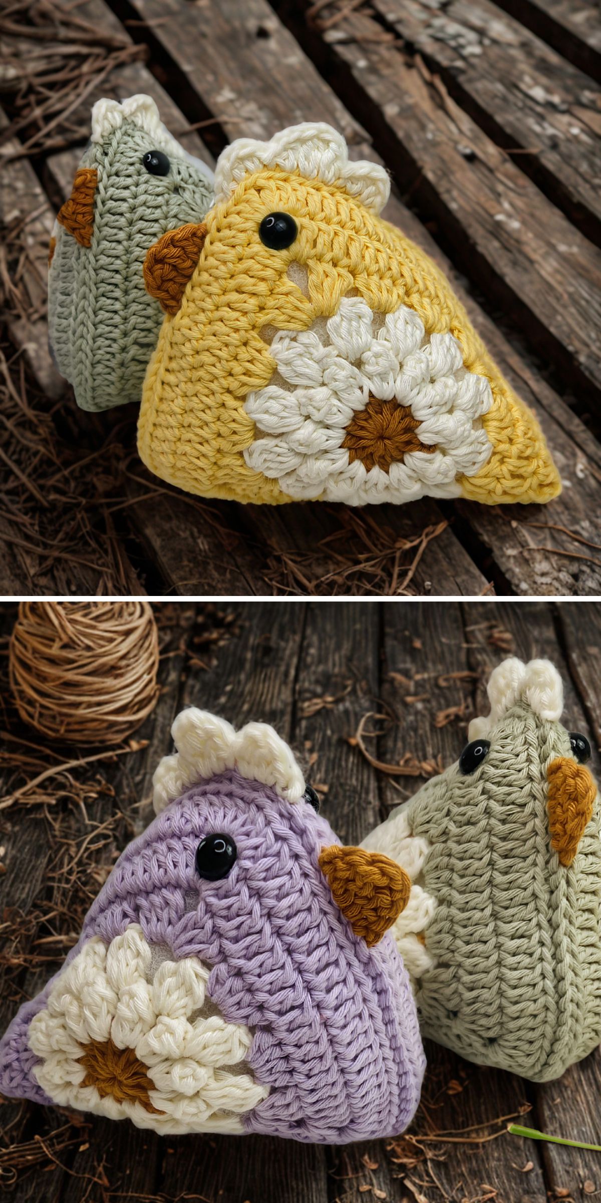 Four crocheted bird-shaped toys with embroidered flower designs are displayed on a rustic wooden surface next to a ball of twine, making charming crochet Easter decorations for your home.