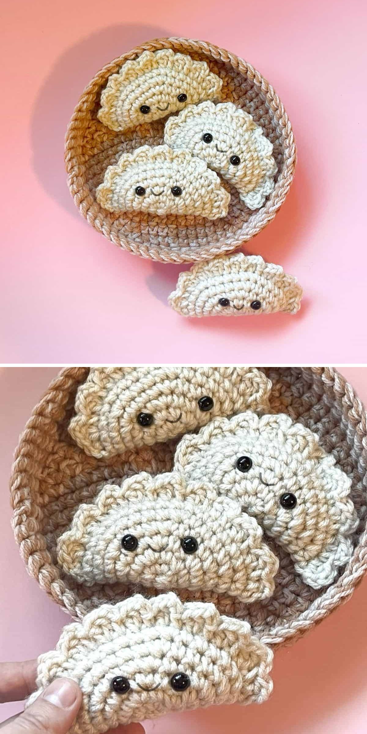 A woven bowl contains four food amigurumi dumplings with black bead eyes; one crocheted dumpling sits outside the bowl on a pink background.