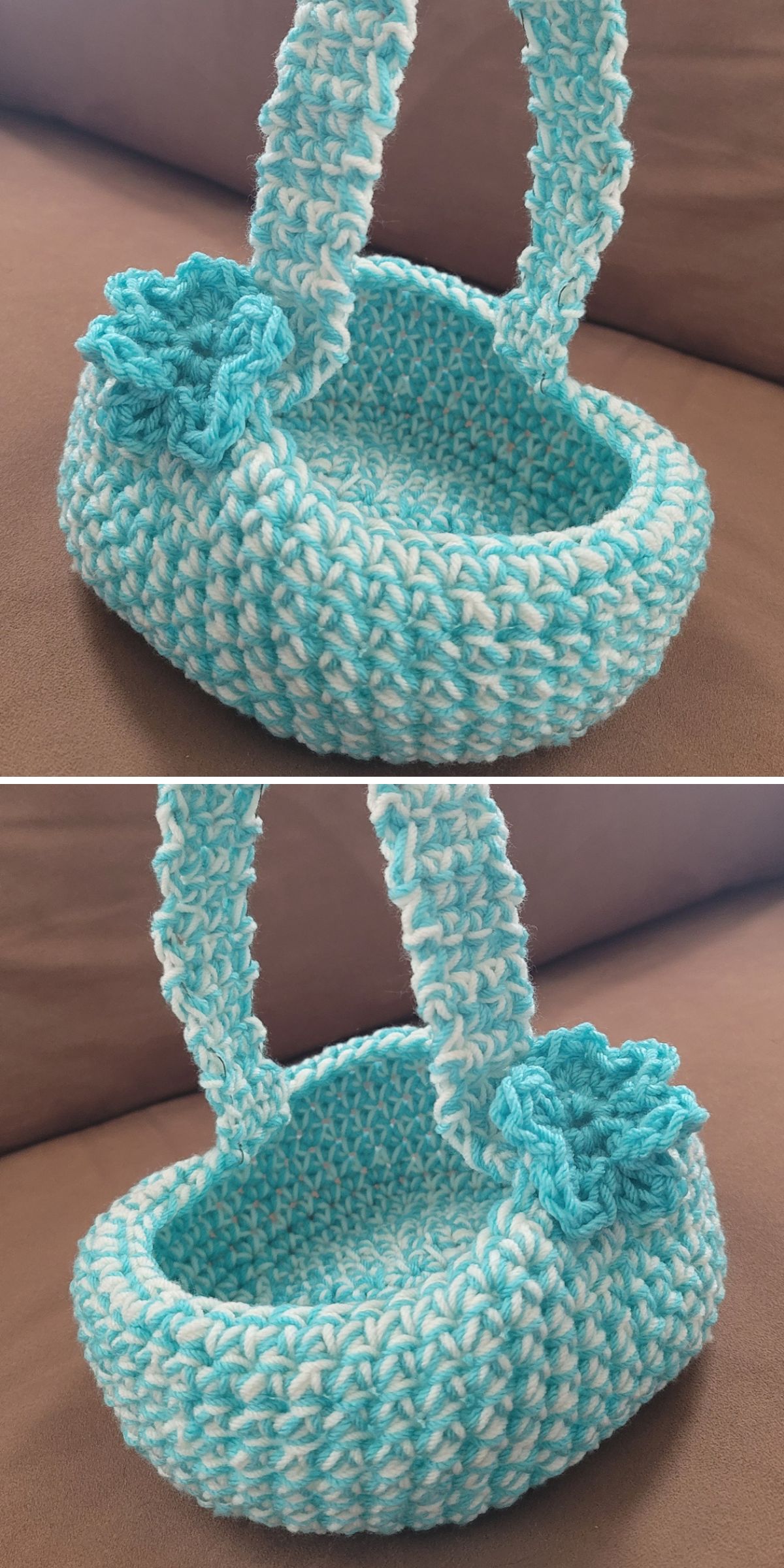 A handmade crochet Easter basket in blue and white, featuring a sturdy handle and a charming blue flower decoration, is placed on a brown surface.