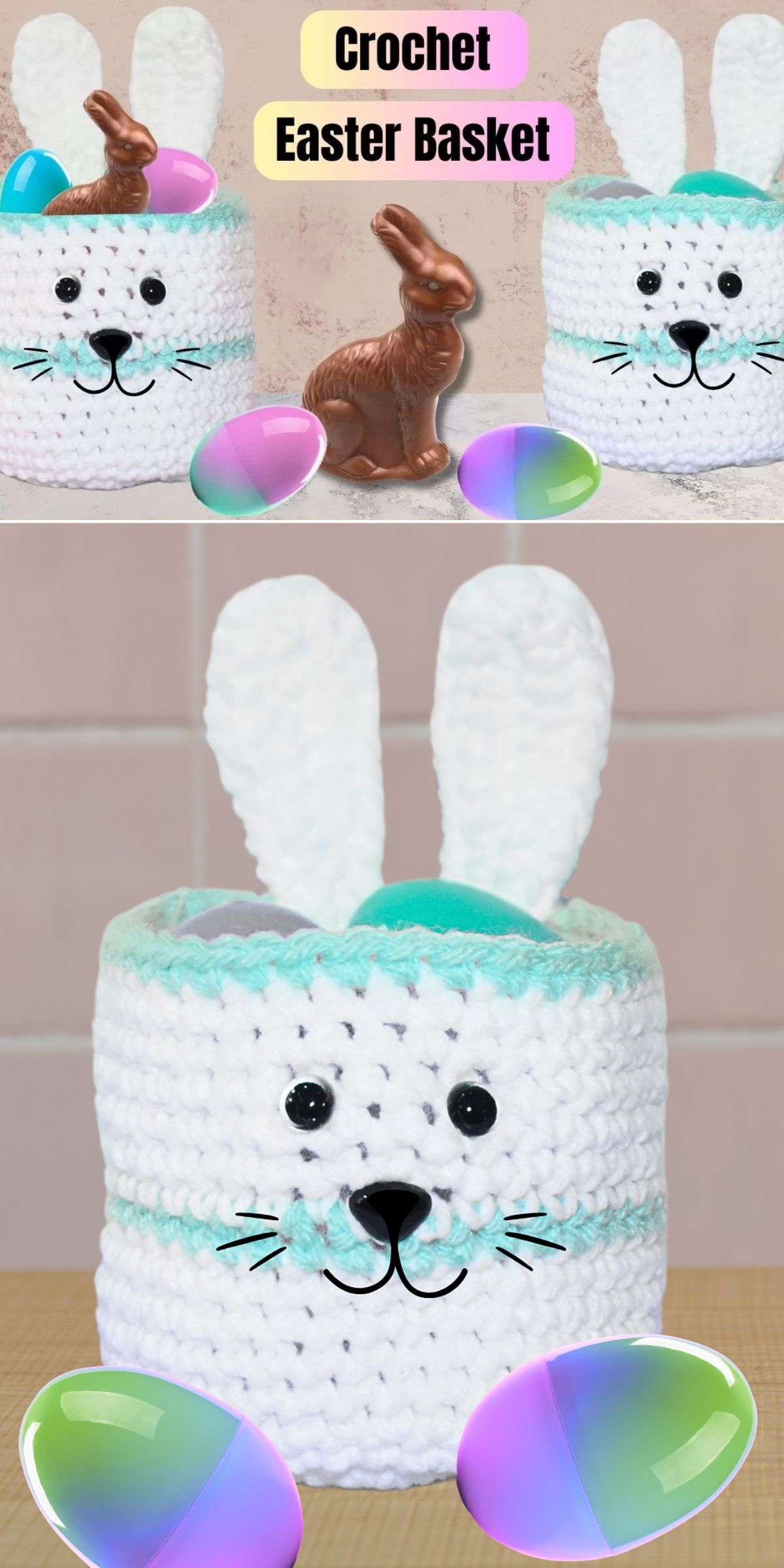 A white crochet Easter basket shaped like a bunny with black eyes, a blue nose, and whiskers, surrounded by pastel plastic eggs and a chocolate bunny.