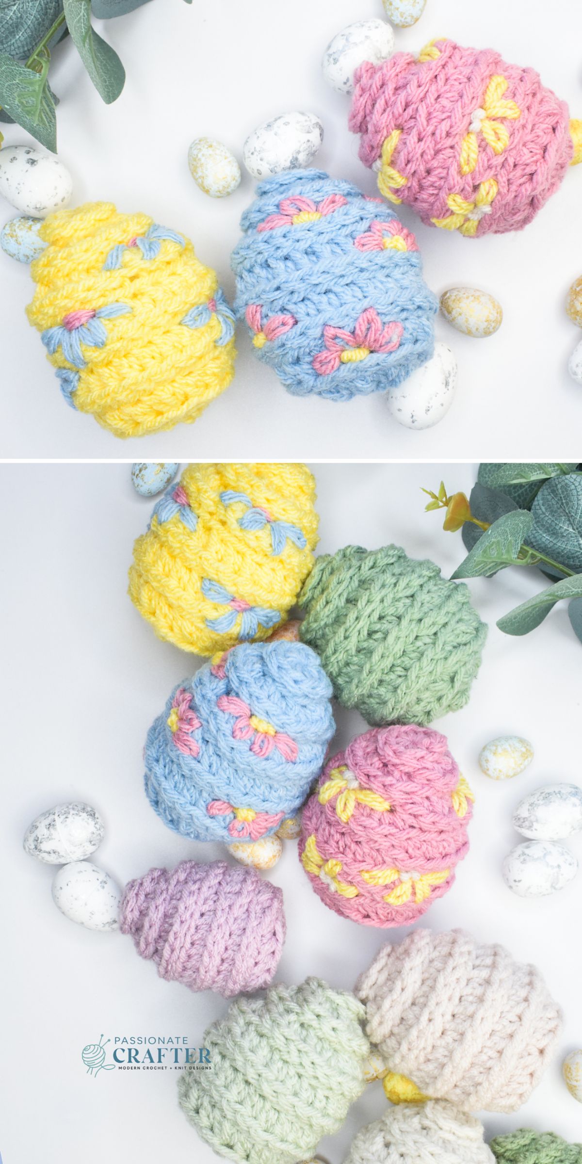 Assorted pastel-colored crochet Easter eggs are arranged on a white surface with small decorative speckled eggs and greenery nearby.