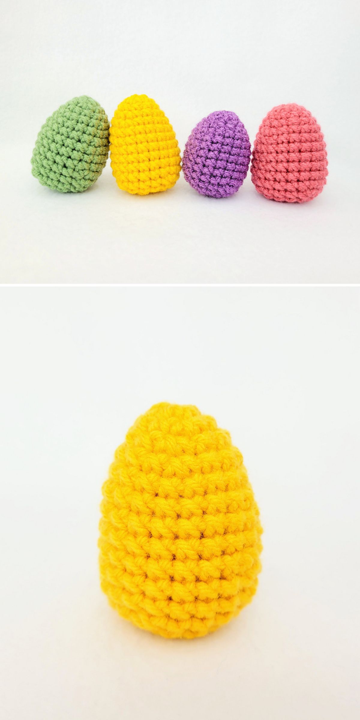 Four crocheted eggs in green, yellow, purple, and pink are shown in a row; a close-up of the yellow egg appears below. These make charming Easter gifts and can be made using free crochet patterns.
