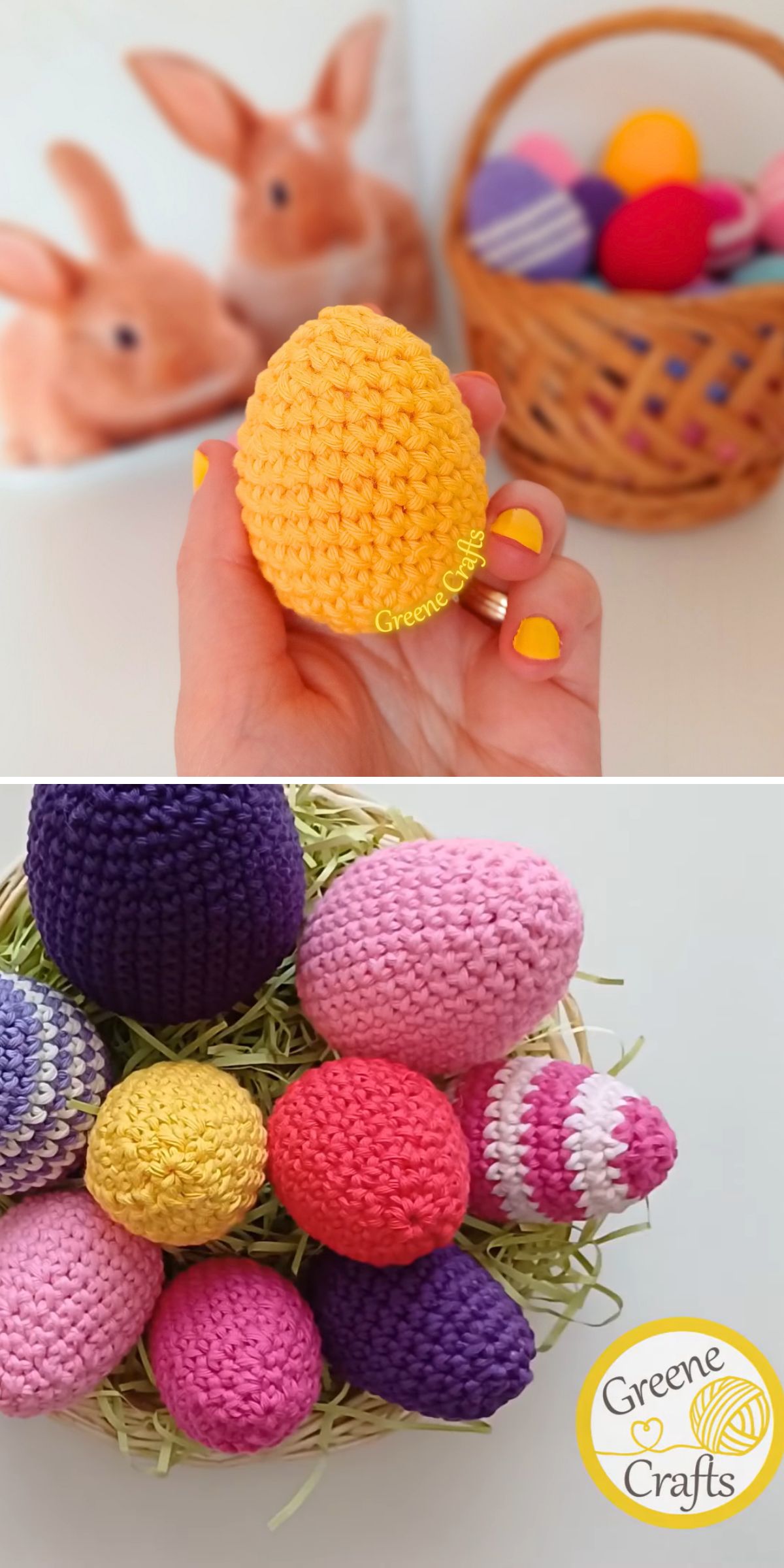 Top image: Hand holding a yellow crocheted egg with rabbits and a basket of eggs in the background. Bottom image: Assorted colorful crocheted eggs arranged on green straw, perfect for Easter gifts or to try with free crochet patterns.