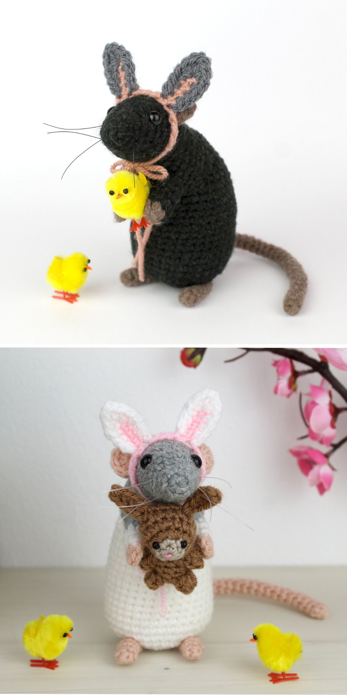 Two crocheted mice, each holding a small stuffed bunny toy, are shown with yellow toy chicks — perfect handmade crochet Easter decorations. The top mouse is dark, while the bottom mouse is white with pink ears.