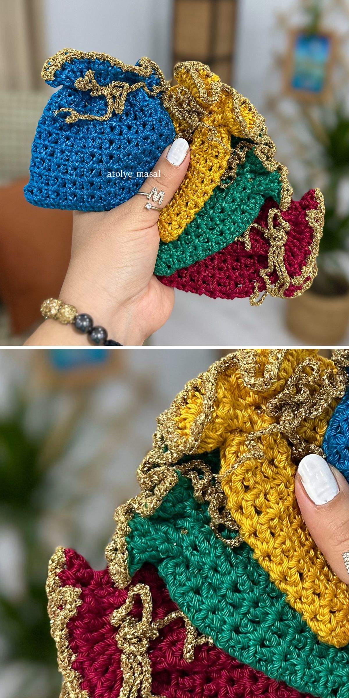 A hand holds several small crochet gift pouches — blue, red, green, and yellow drawstring bags — each trimmed with shimmering gold yarn.