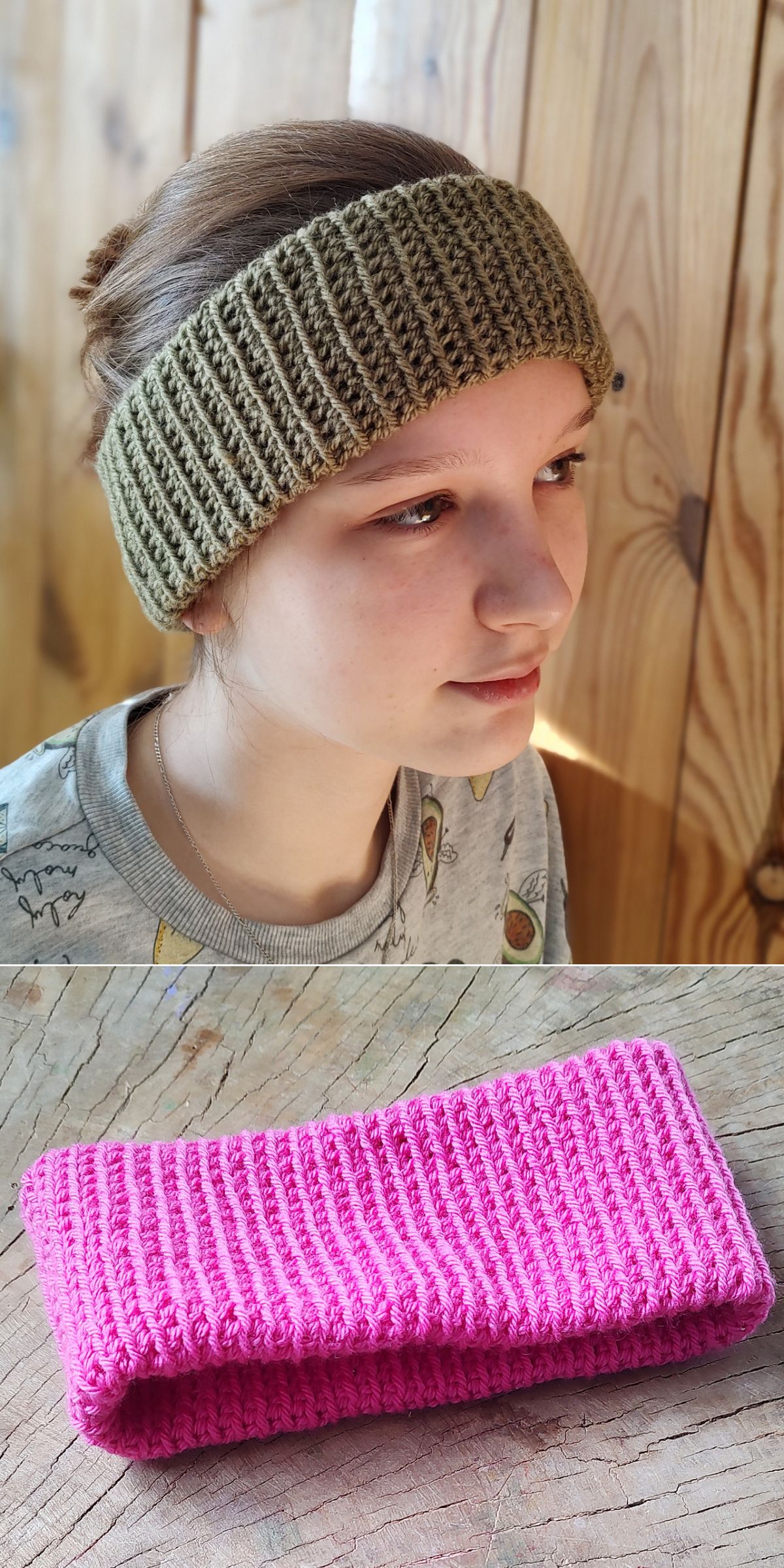 A person wears a crocheted green headband, while a separate image below shows a pink crochet headband lying on a wooden surface.