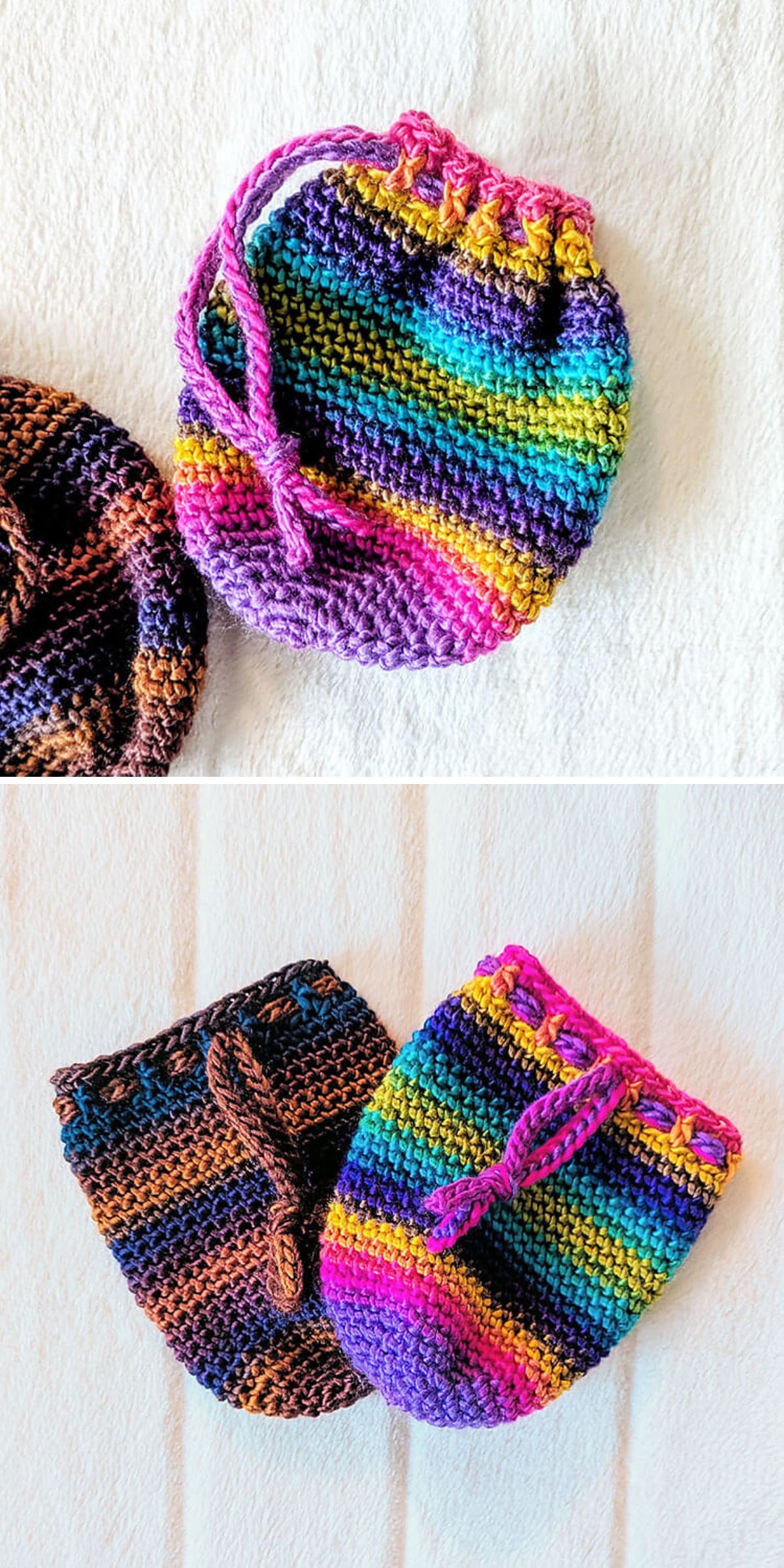 Two crochet pouch drawstring bags, one in rainbow and purple stripes with a pink cord, and one in brown and black stripes with a brown cord, are displayed on a white background.