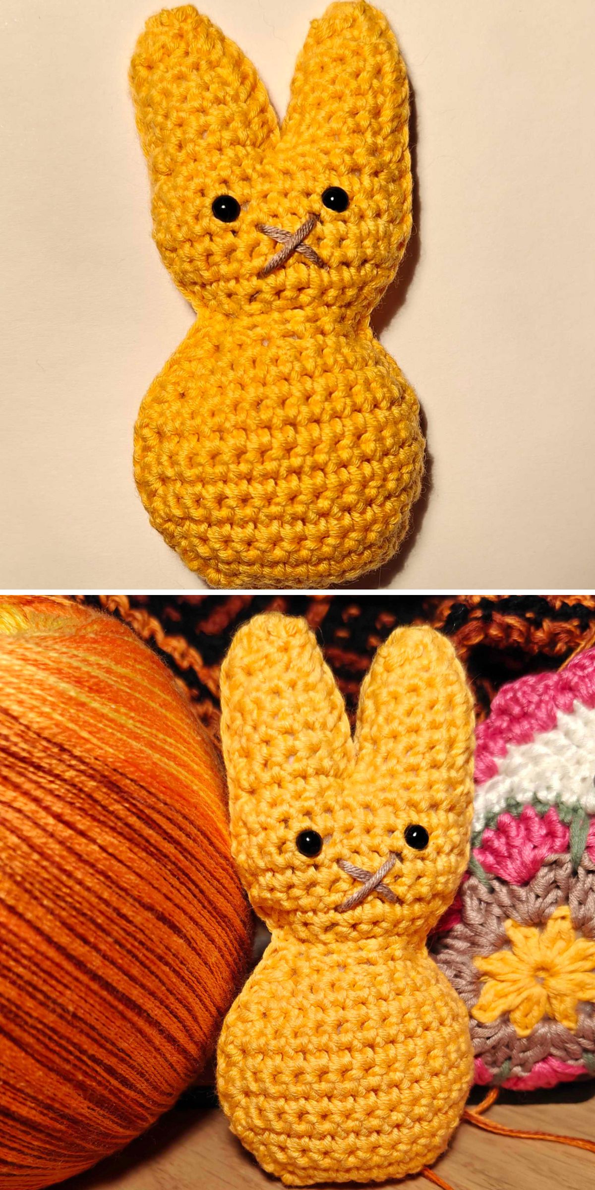 Two photos of a handmade yellow crochet bunny with black eyes and a stitched mouth. The top image shows it alone; the bottom image features it beside a ball of orange yarn and an in-progress crochet project.