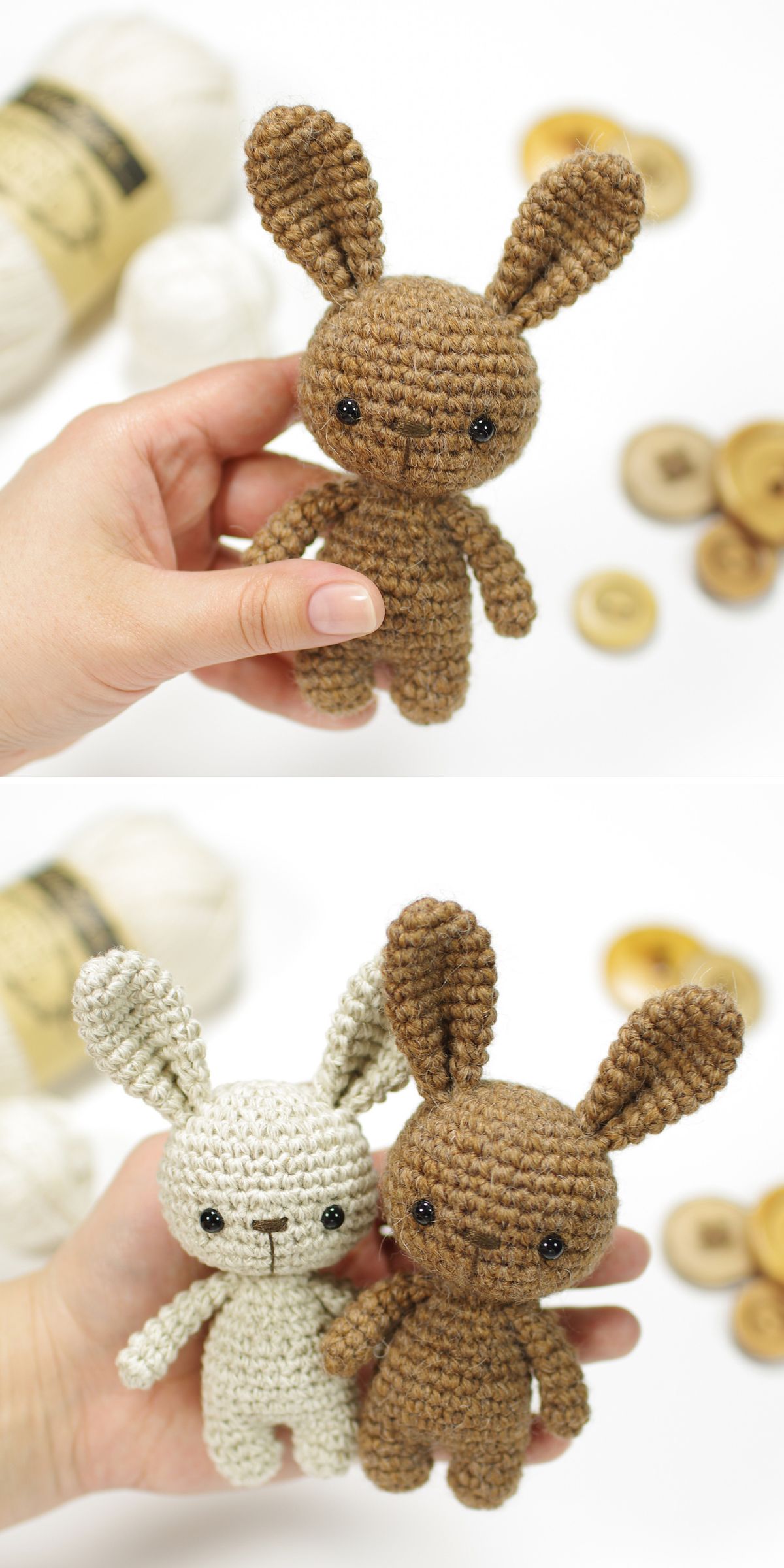 Two photos show small crocheted bunny dolls, one brown and one white, being held in a hand. Yarn and buttons are visible in the background — charming amigurumi toys perfect for Easter decor or to inspire new crochet bunny patterns.