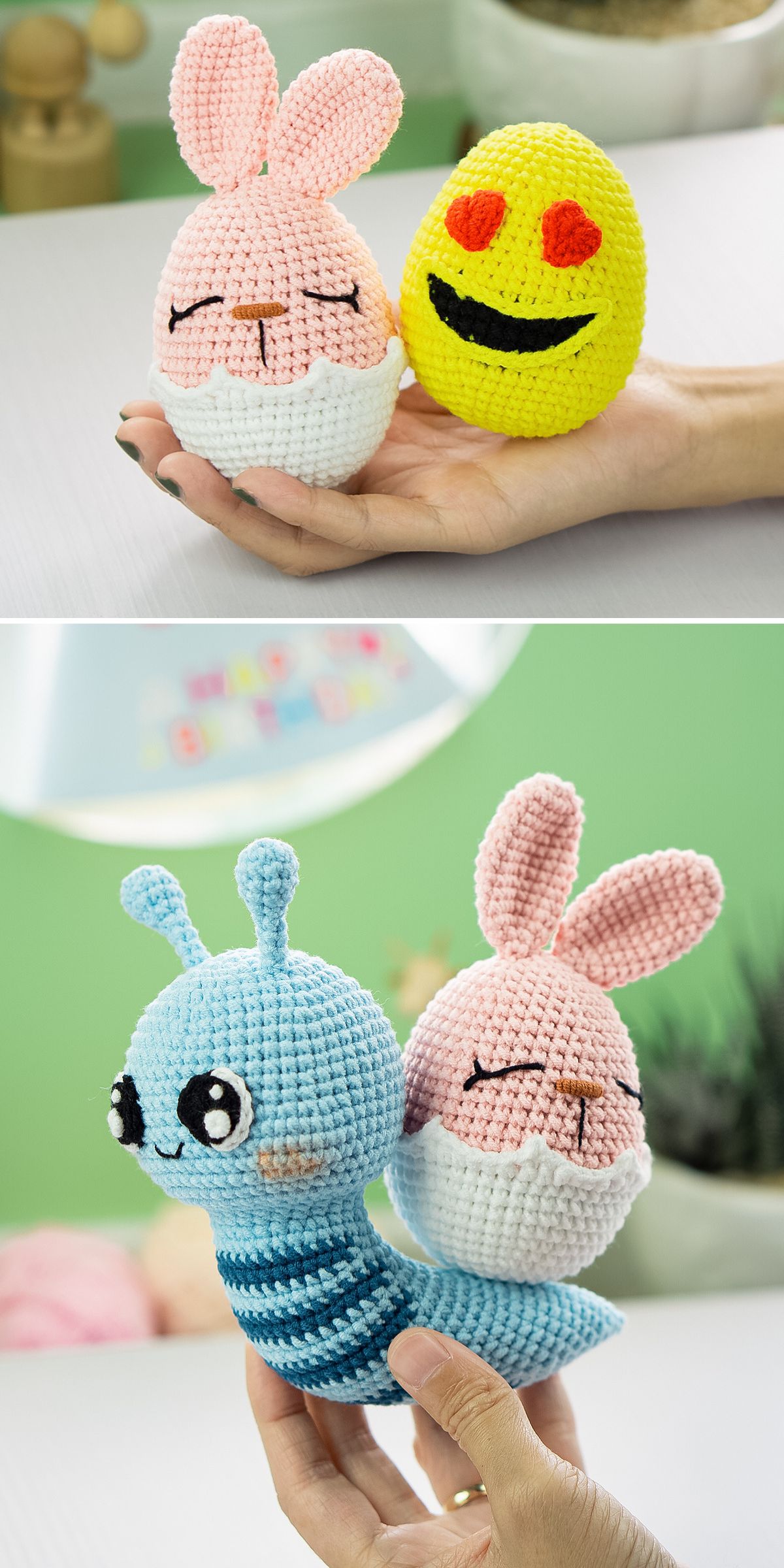 Two photos show crocheted Easter eggs plush toys: a pink bunny and a yellow egg with a smiley face — perfect Easter gifts — in one hand, and a blue snail carrying the same bunny and egg on its back in another, all crafted from free crochet patterns.