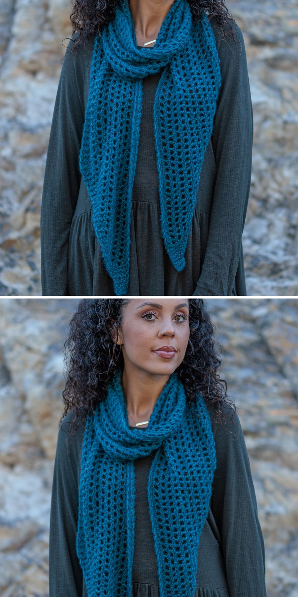 A person wearing a long, blue, knit scarf — crafted using unique knitting scarf patterns — over a dark green dress. The scarf is shown styled in two different ways.