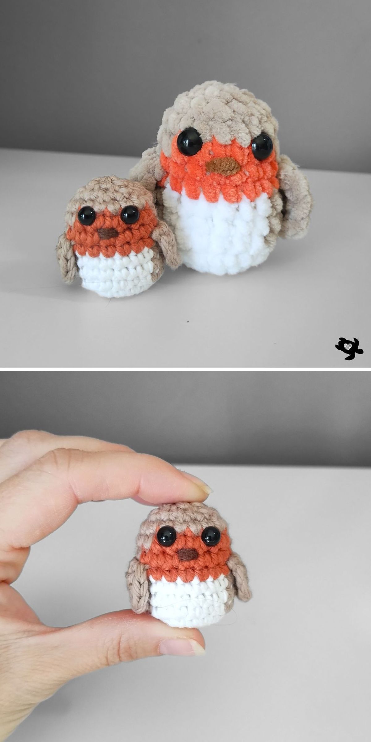 Two crochet birds with brown, white, and orange coloring—one larger, one smaller. The second image shows a hand holding the delicate crochet bird.