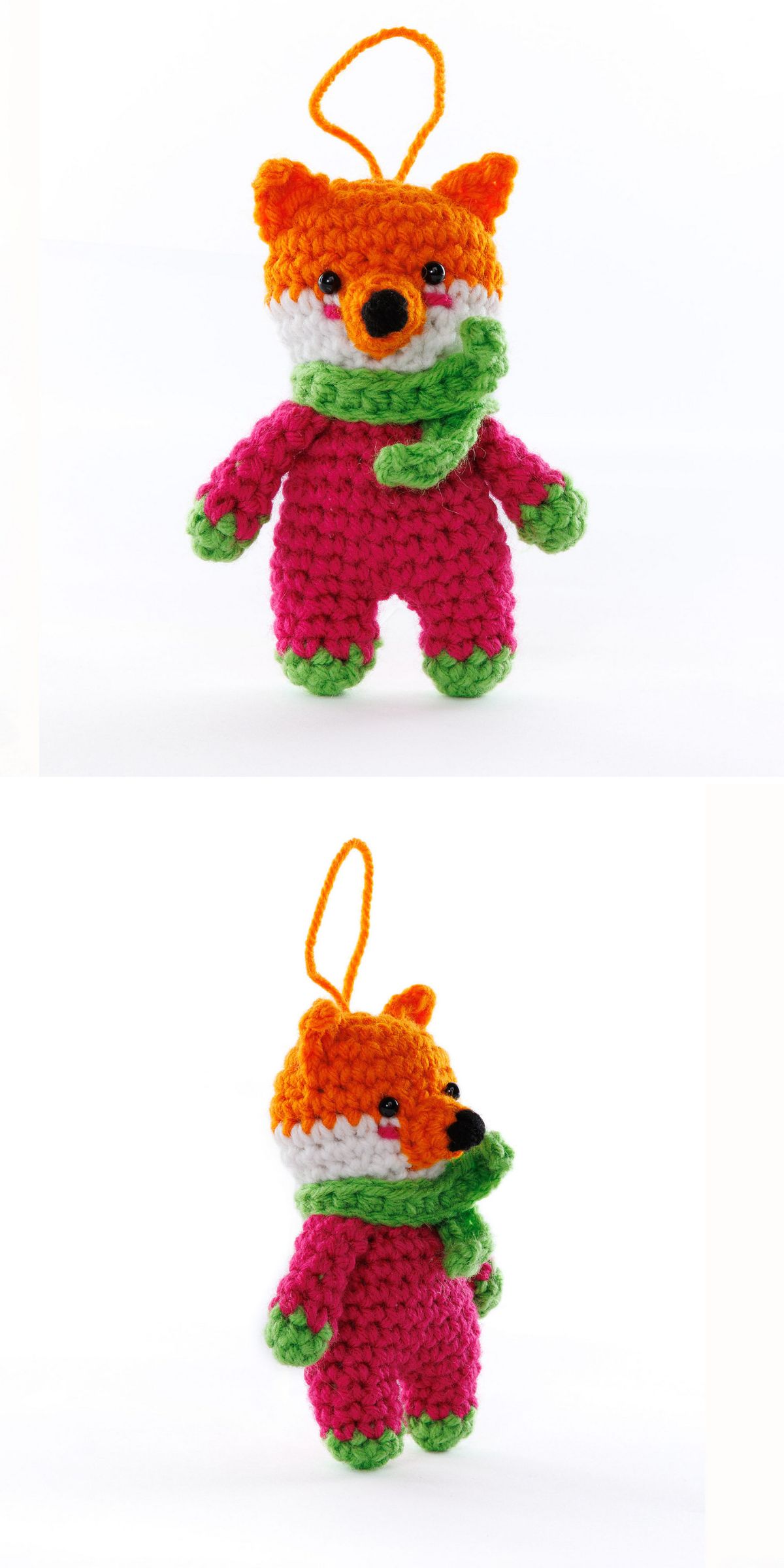 A crochet fox ornament with an orange head, pink and green body, green scarf, and an orange hanging loop, shown from the front and side views.