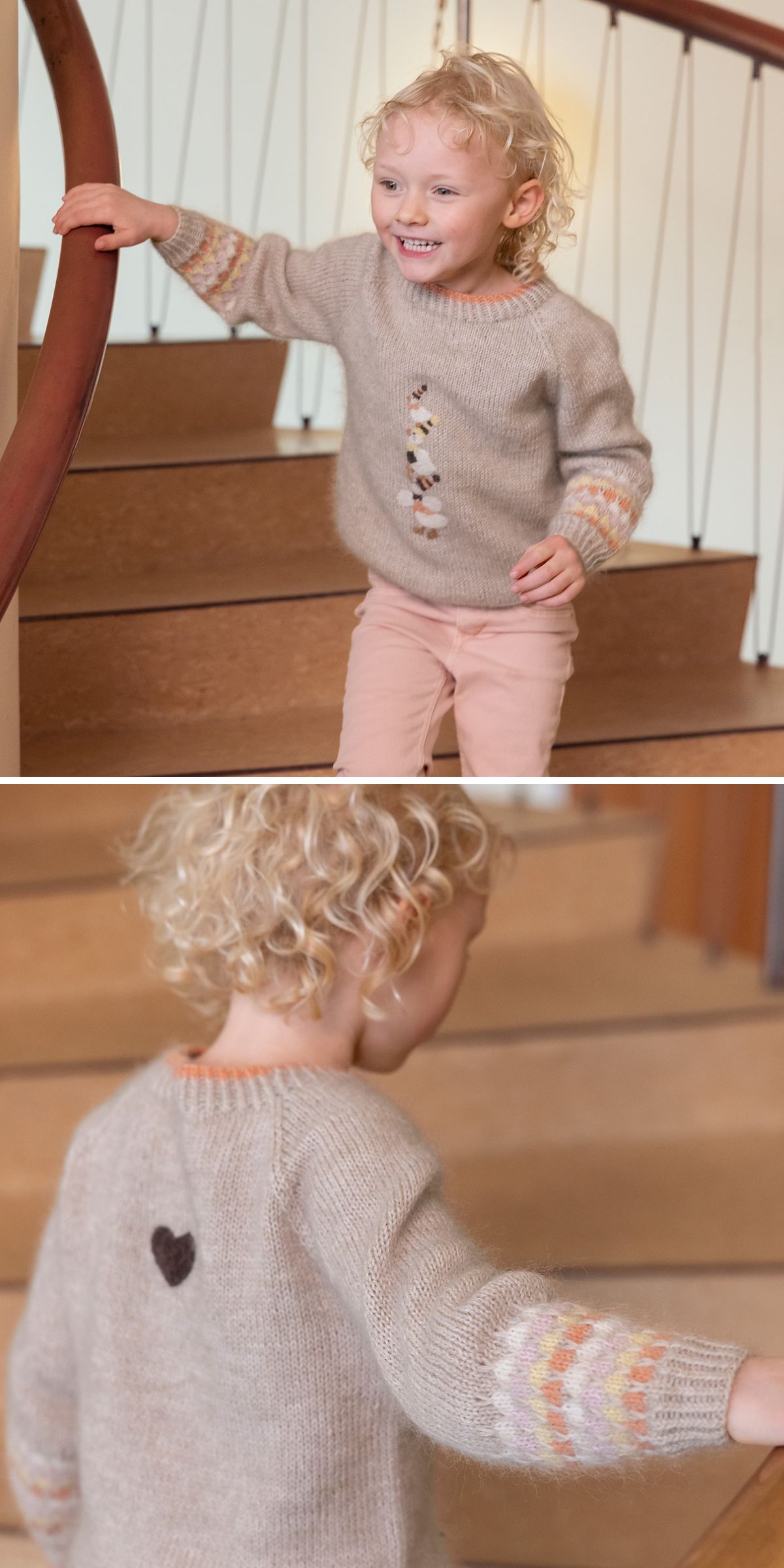 A young child with curly blond hair wears a cozy knitted kids sweater with buttons shaped like people on the front and a small heart on the back, ascending a wooden staircase.