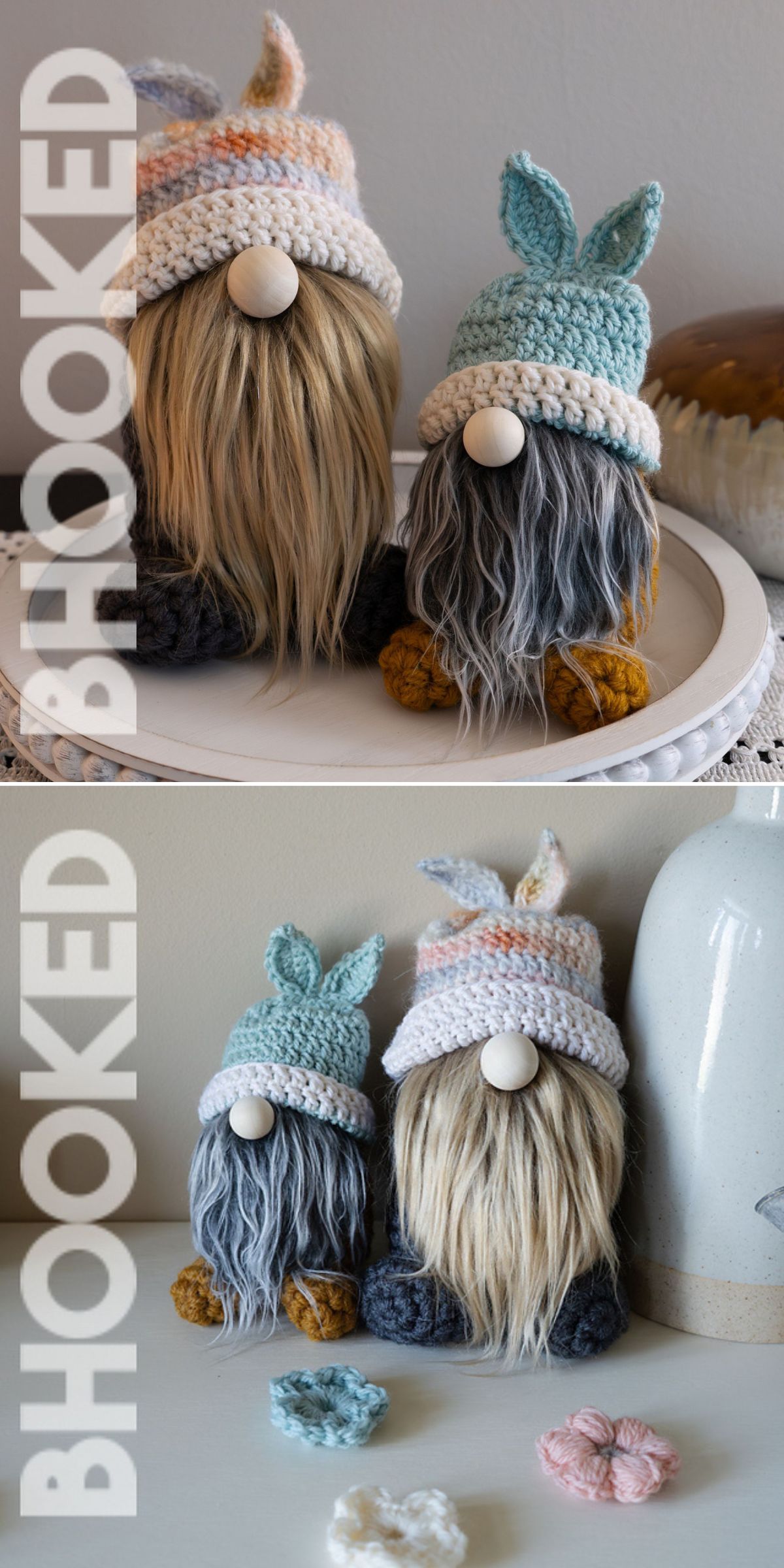 Two handmade gnome dolls with long hair, button noses, and crocheted hats sit side by side on a tray. Perfect as crochet Easter decorations, they’re surrounded by yarn flowers, a vase, and the word "BHOOKED" overlays the images.