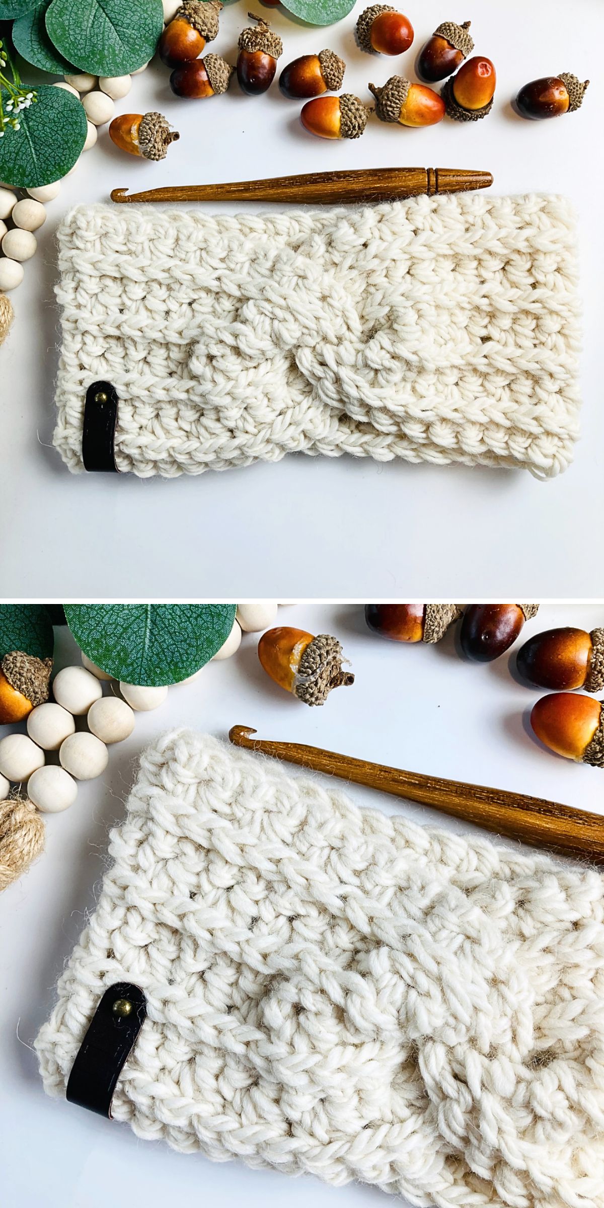 A cream-colored crochet headband with a leather tag is displayed alongside a wooden crochet hook, acorns, and green leaves on a white surface.