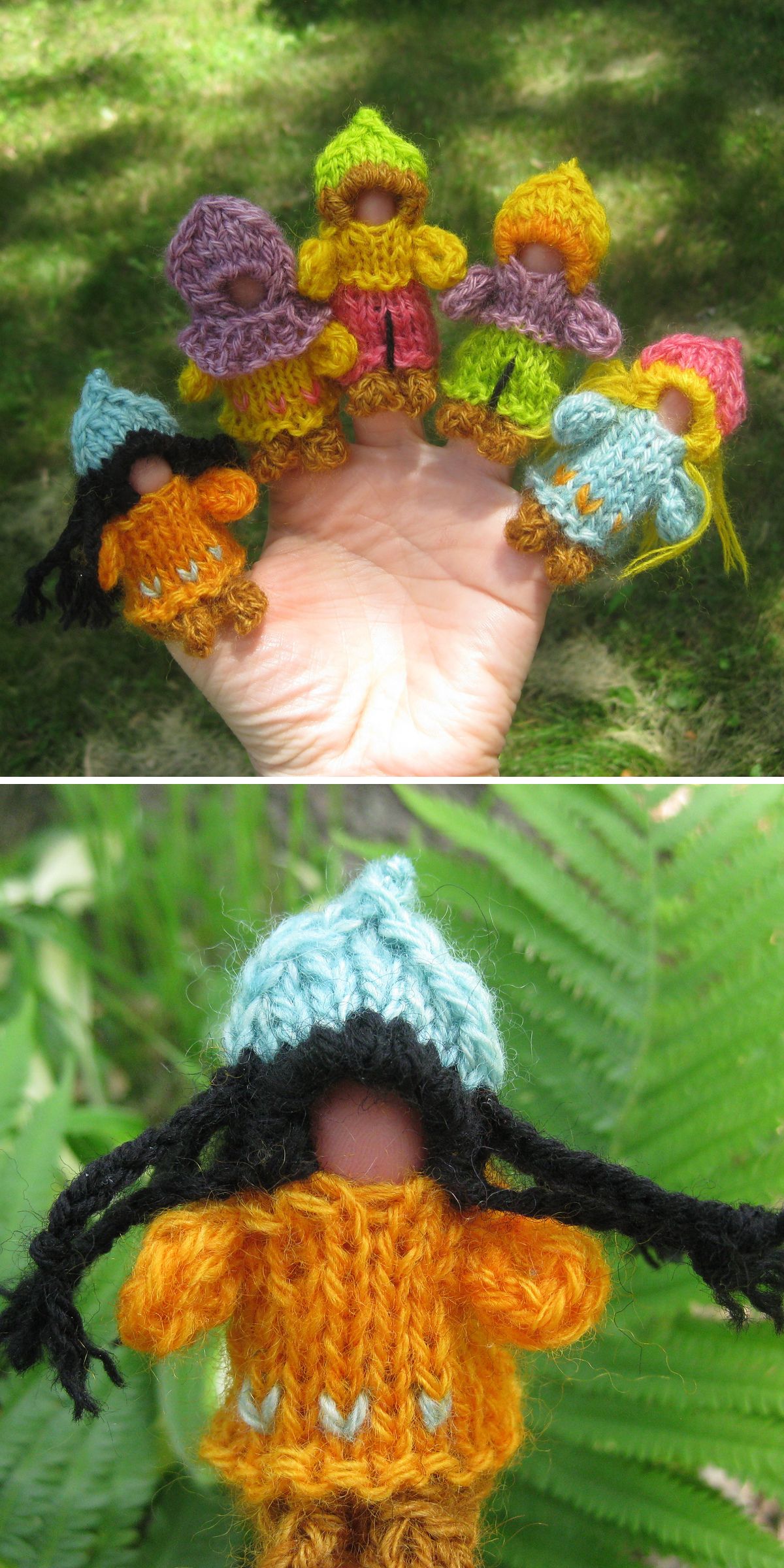 A hand holding five small dolls with knit outfits and hats, including a close-up of one knitted toy in an orange outfit and blue hat with black yarn hair, outdoors.