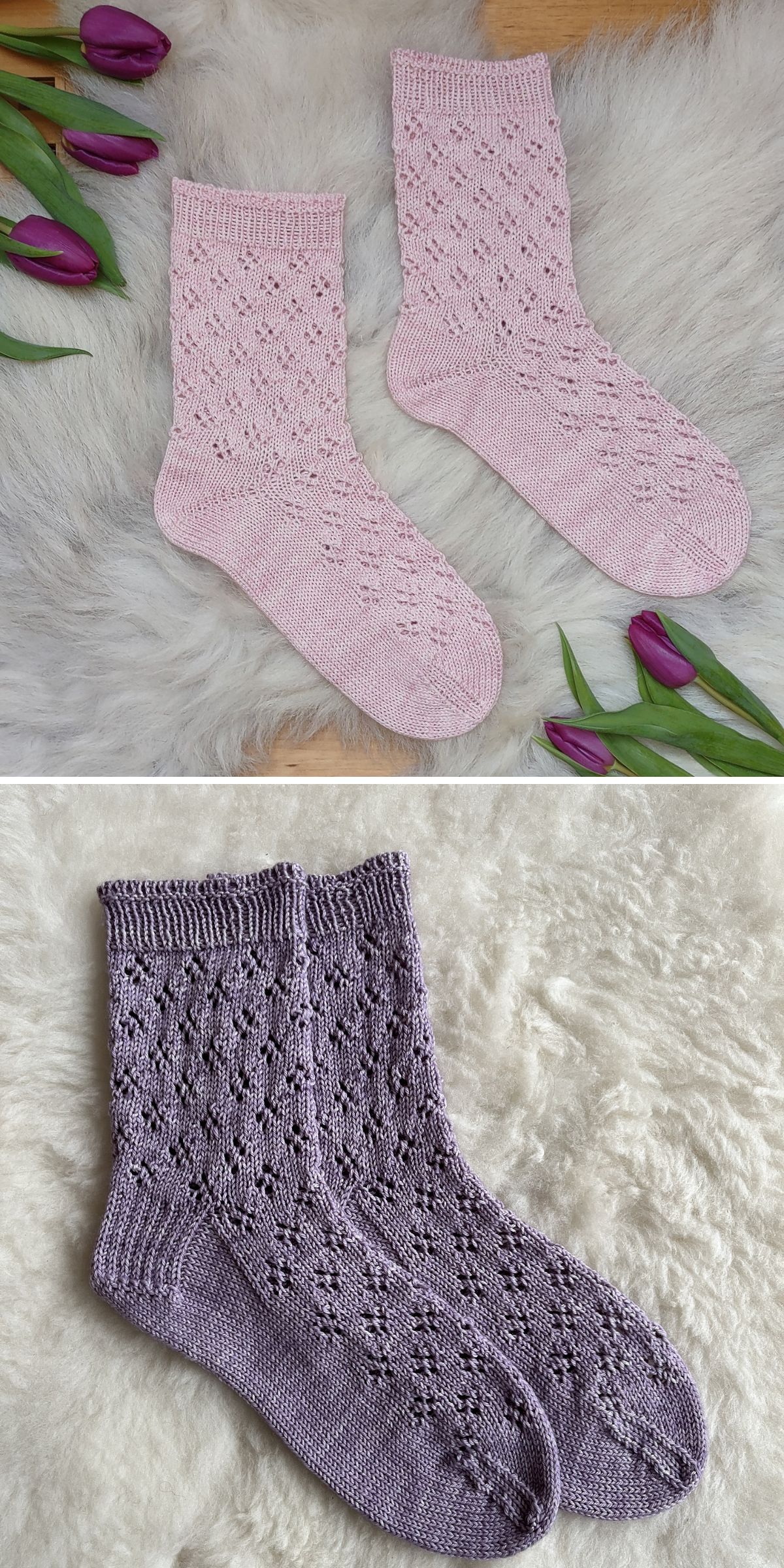 Two pairs of hand-knitted lace socks, crafted using intricate knitting patterns for socks, in light pink and light purple, are displayed on a white furry surface with purple tulips nearby.
