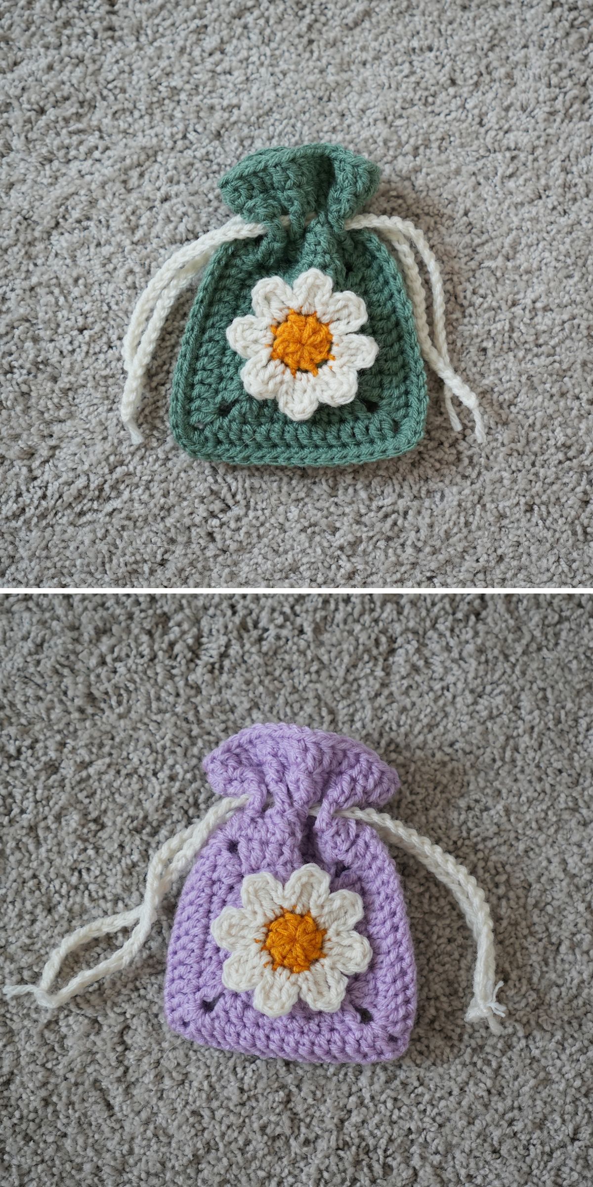 Two small crochet pouches, one green and one purple, each decorated with a white and yellow flower, are displayed on a carpeted surface.