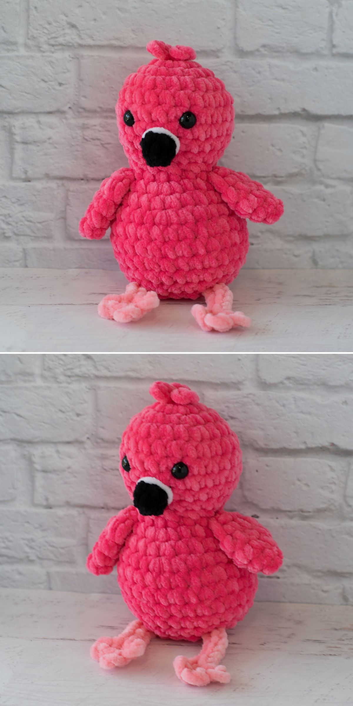 A crochet bird plush toy in pink, featuring black eyes, a black beak, and light pink feet, is shown from the front and angled sides against a white brick background.