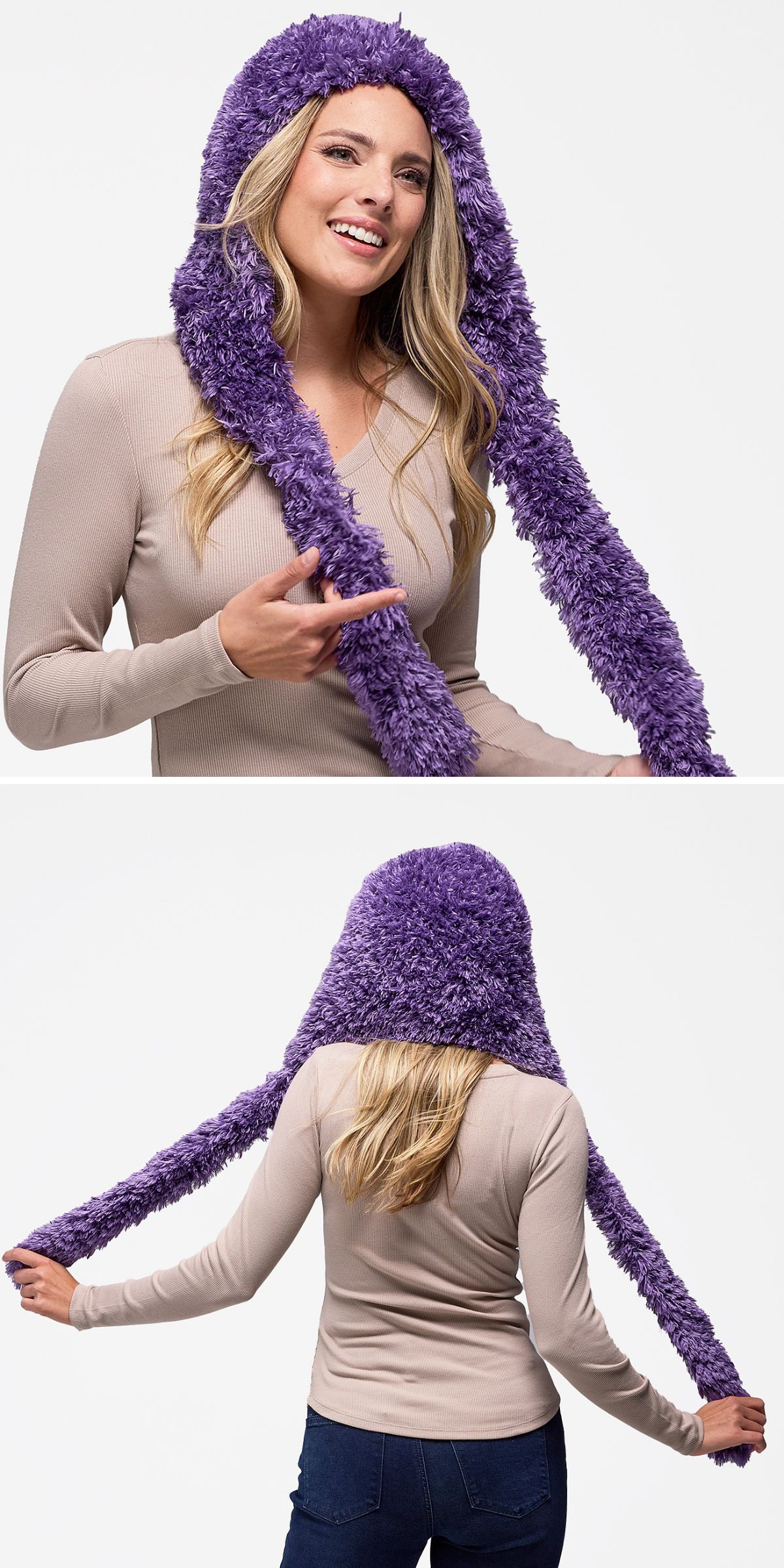 a woman wearing a fluffy purple knitted hood, demonstrating it from the front and back