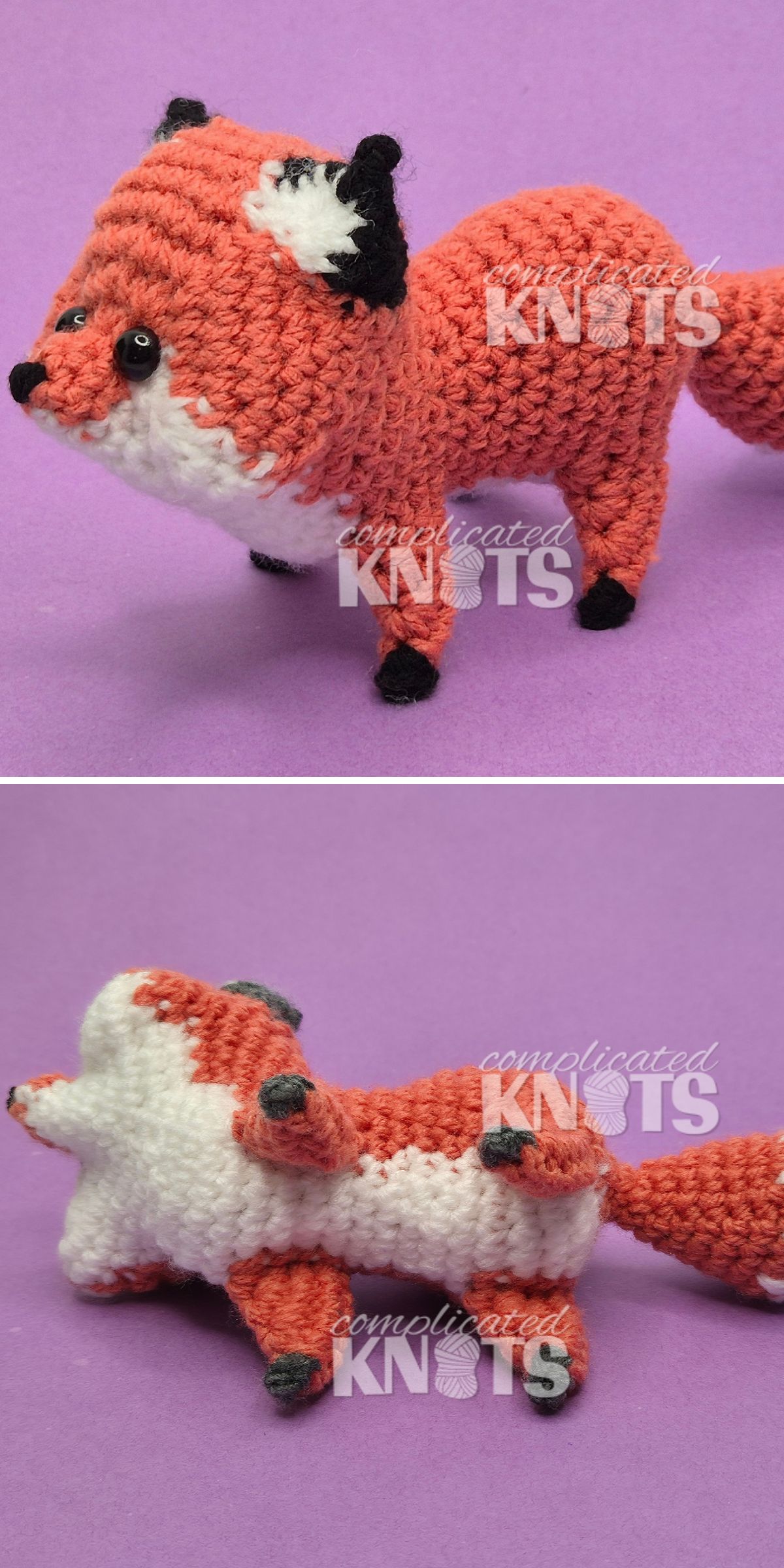 Two views of a crochet fox plush with black ears, feet, and a white belly, shown standing and lying on its back on a purple background.