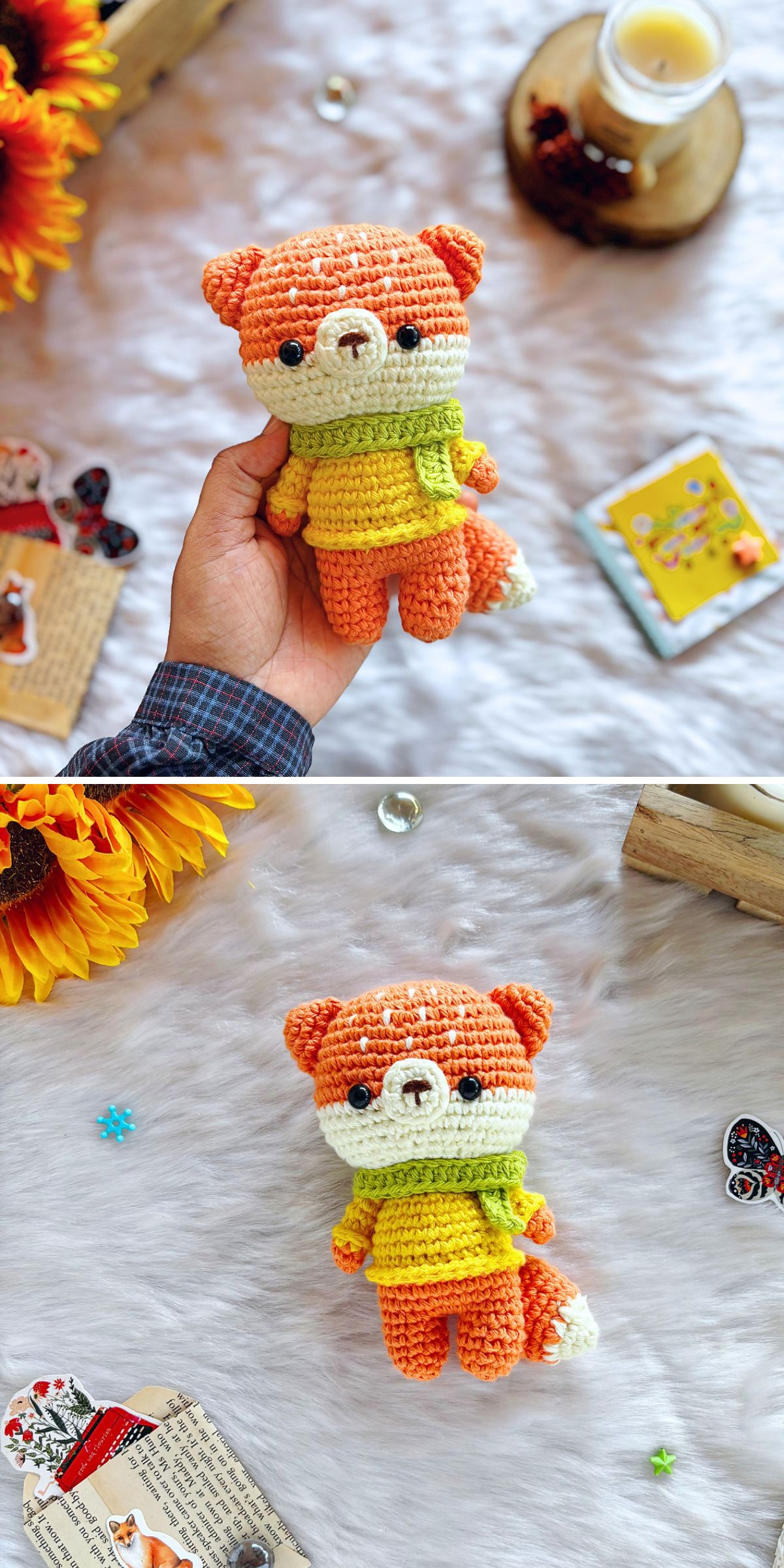 A hand holds a crochet fox plushie in orange, white, and yellow; the same crochet fox is pictured lying on a white fuzzy surface surrounded by various decorative items.