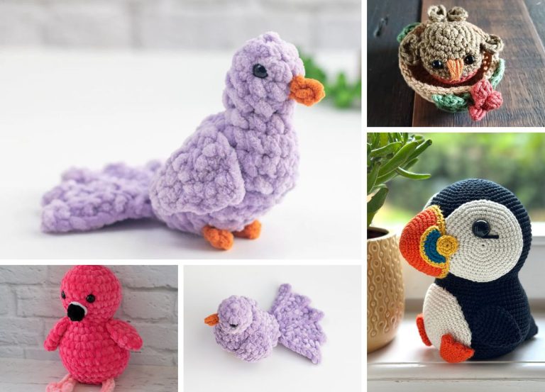 A collage of five crochet bird figures in various colors and styles, including a purple dove, a pink chick, a blue puffin, a small purple bird, and a brown owl nestled in its nest.