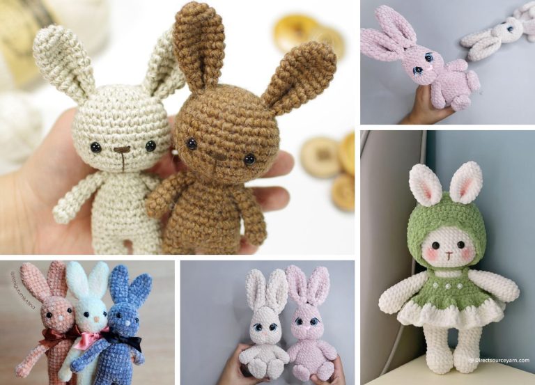 A collage of crocheted bunny dolls in various colors and outfits, some held in hands and others arranged together — perfect for crochet bunny patterns or charming Easter decor.