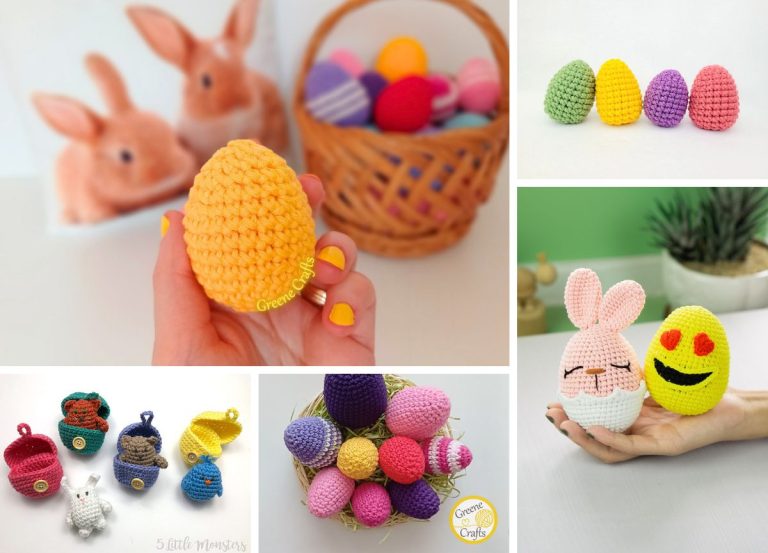 Collage of crochet Easter eggs and animals in various colors and baskets, with two real rabbits in the background of one image.