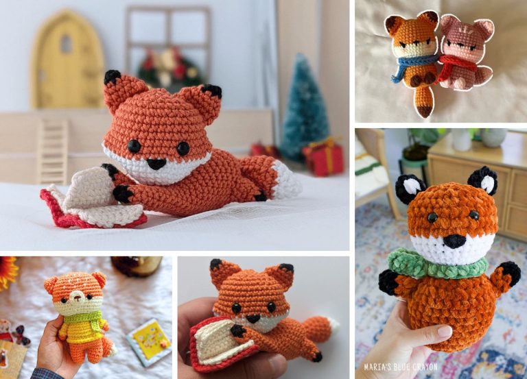 A collage of crochet fox toys, each in different poses and styles, some holding small items or wearing accessories, displayed in various home settings.