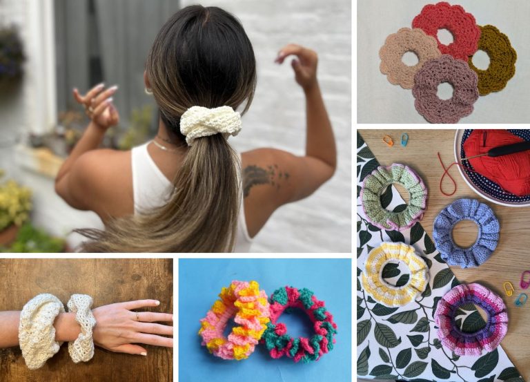 Collage of handmade crochet scrunchie hair accessories in various colors and styles, shown on a person’s hair, wrist, and laid out on flat surfaces.