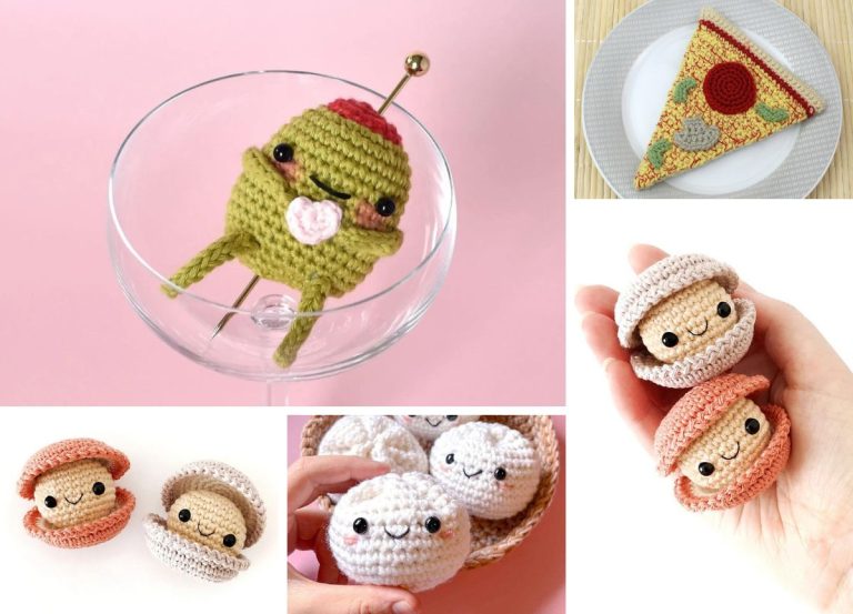 A collage of crocheted food amigurumi toys, including a cocktail olive, a pizza slice, and smiling macarons in various colors, displayed on a pink or neutral background.