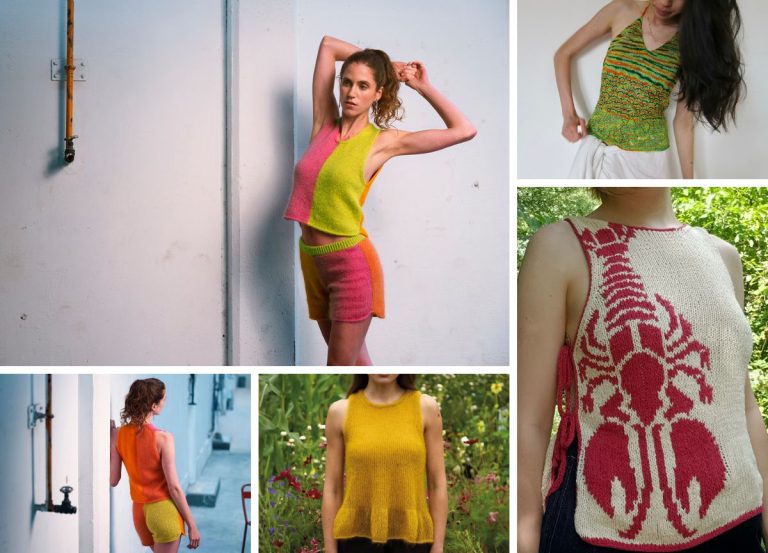 Collage of five women wearing colorful, sleeveless knit tops and trendy knit halter tops in various patterns and styles, photographed against plain and outdoor backgrounds.