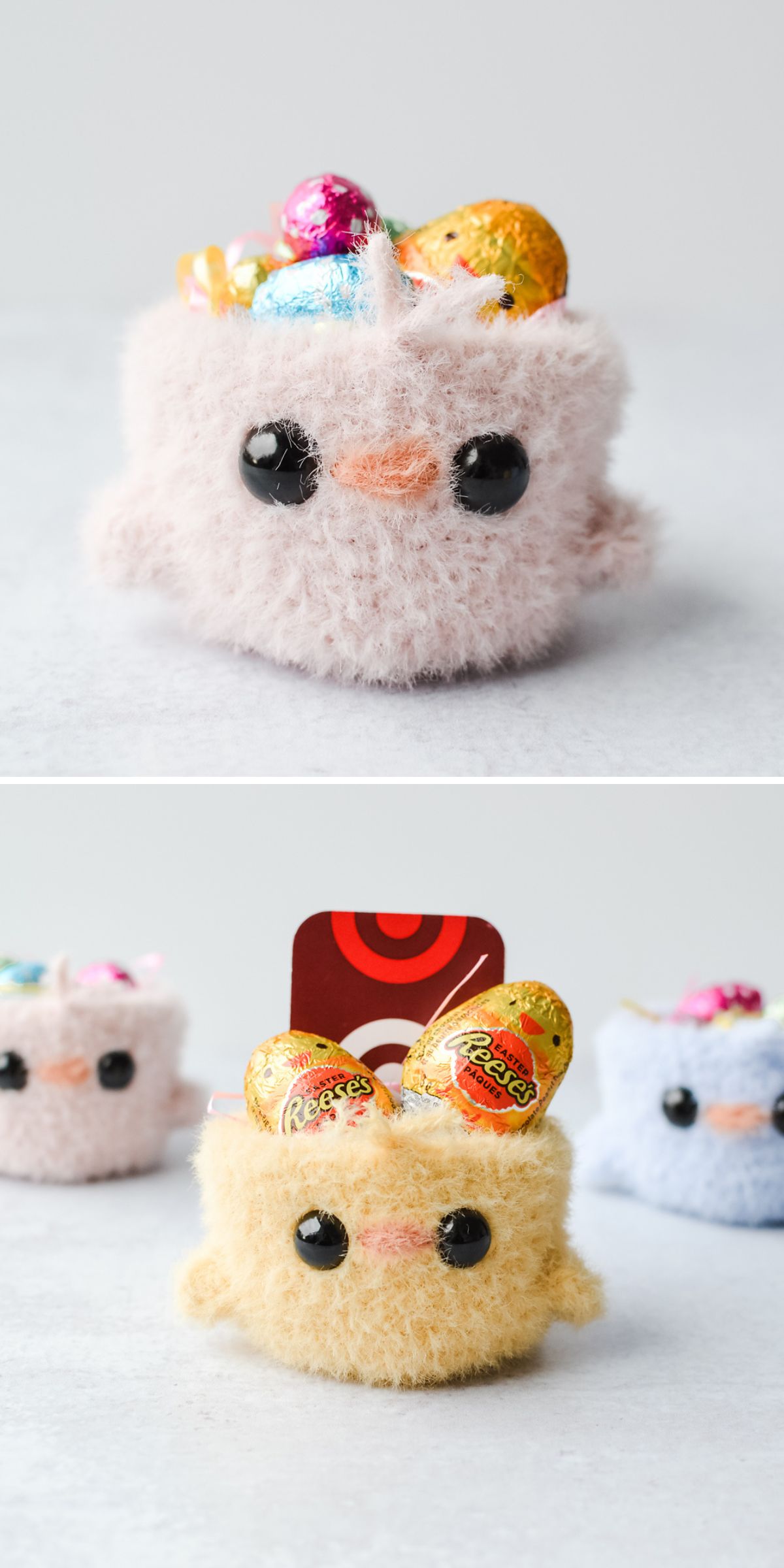 Plush, fuzzy crochet chicken containers with black eyes hold colorful candy, including Reese’s eggs and a Target gift card, displayed on a light surface.
