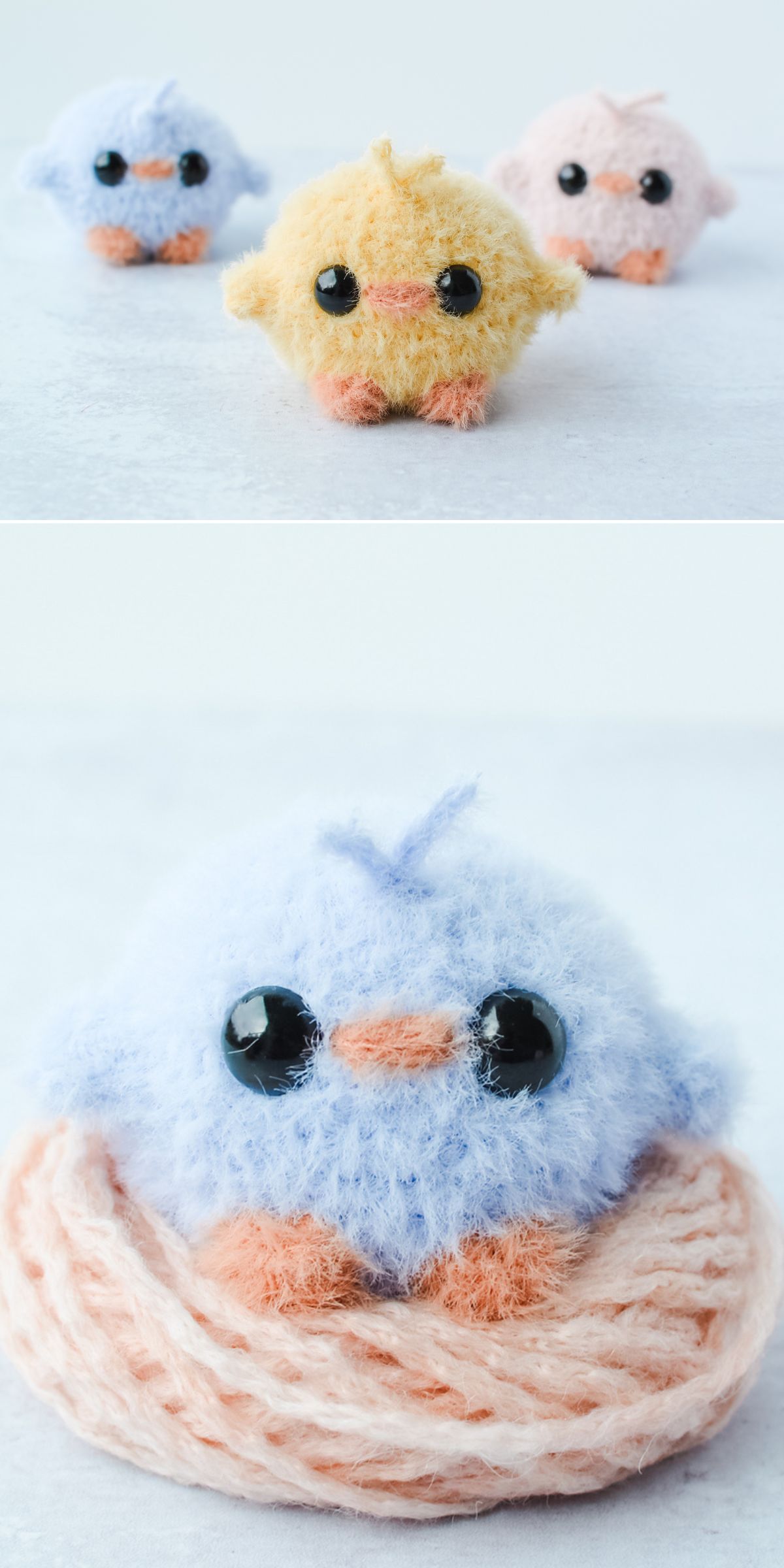 Three small, fluffy, round plush birds in pastel colors. The blue bird is shown separately sitting in a yarn nest in the bottom image, resembling a tiny crochet chicken.
