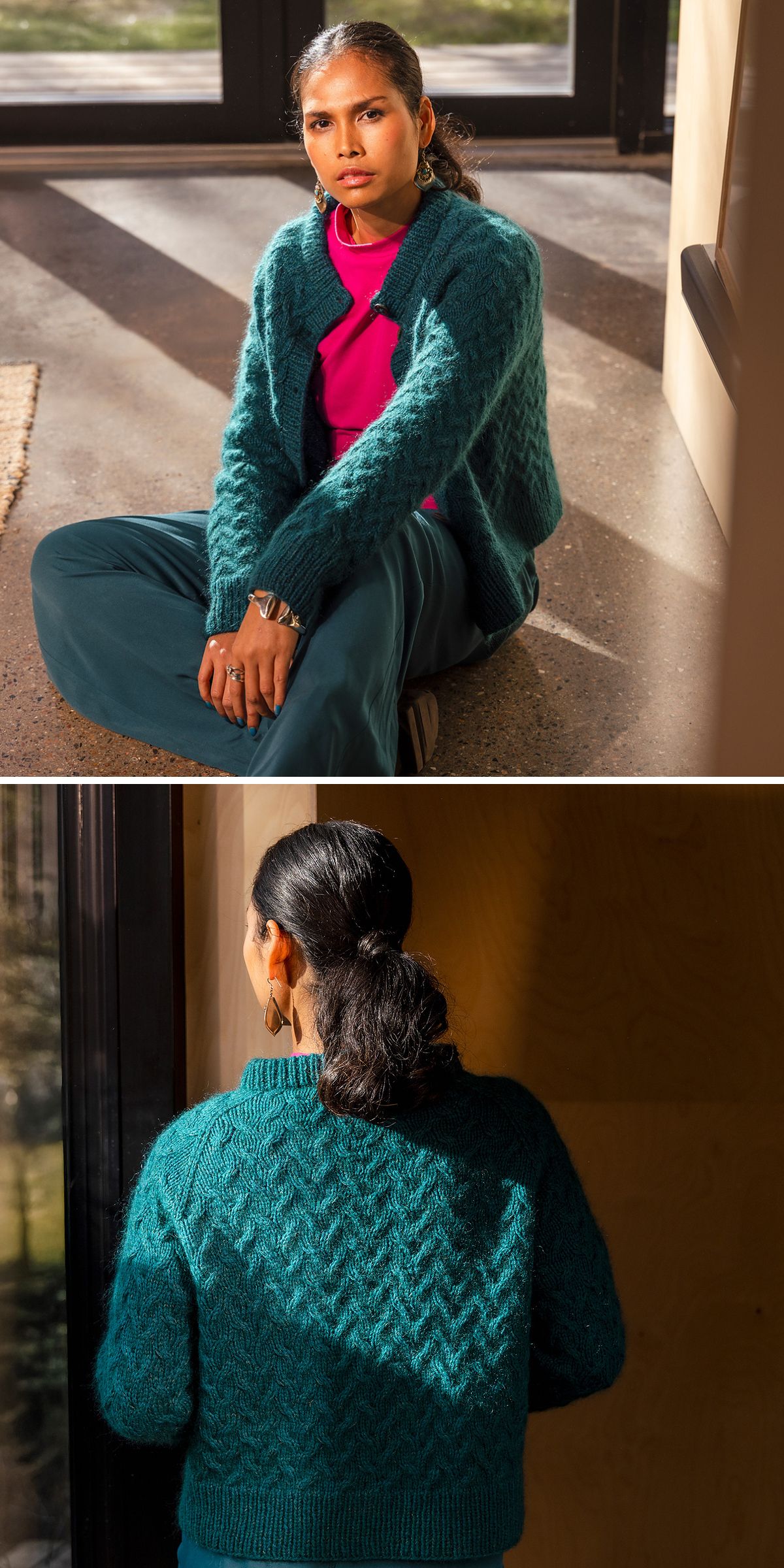 A woman with dark hair in a ponytail wears a teal textured cardigan, crafted from free knitting patterns for cardigans, over a pink top and teal pants. She sits indoors with sunlight streaming in; the second image shows the cardigan's back.
