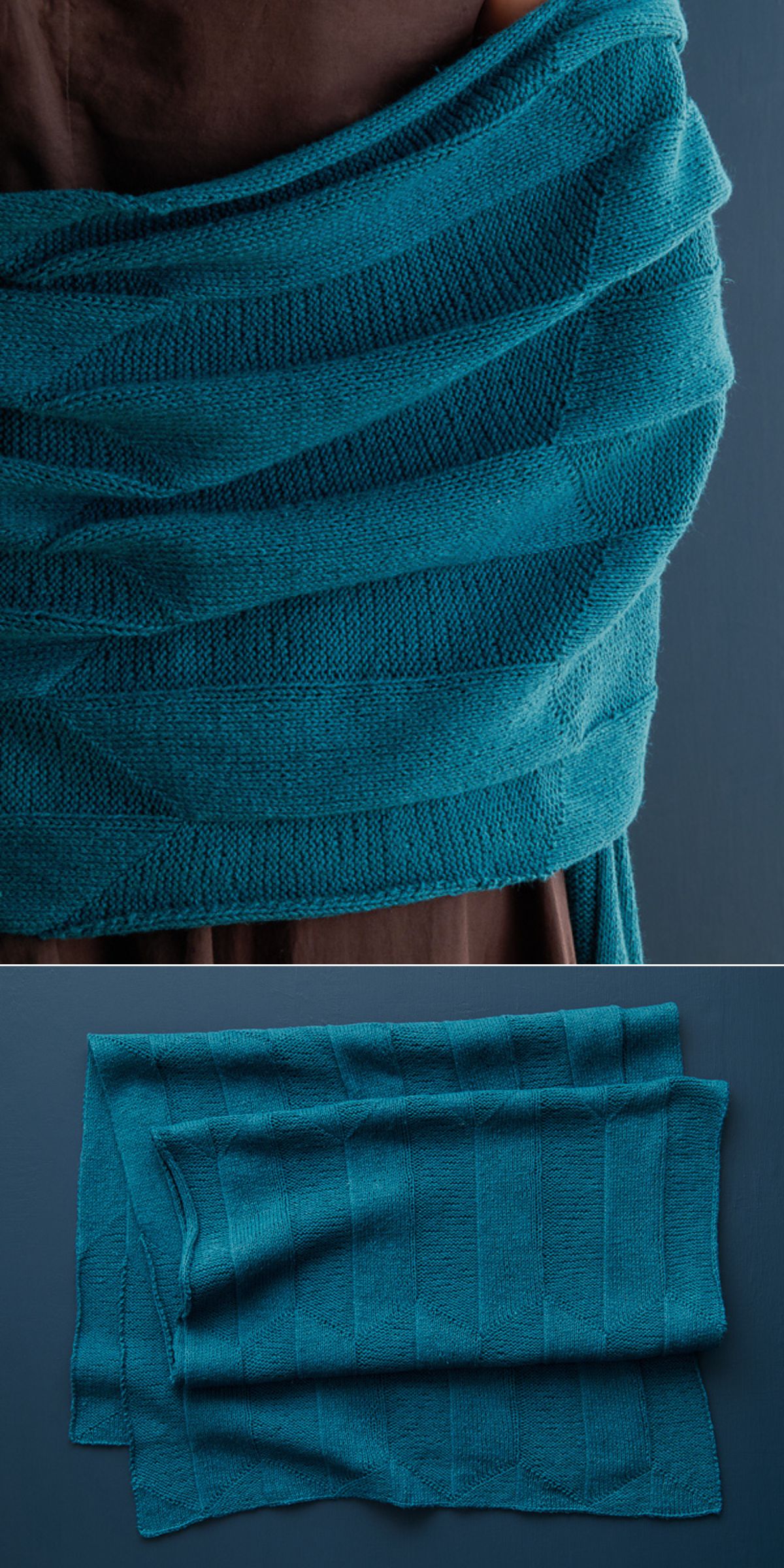 A teal knitted shawl with alternating textured stripes, shown wrapped around a person and laid flat on a dark surface—perfect inspiration for those seeking free knitting patterns for wraps.